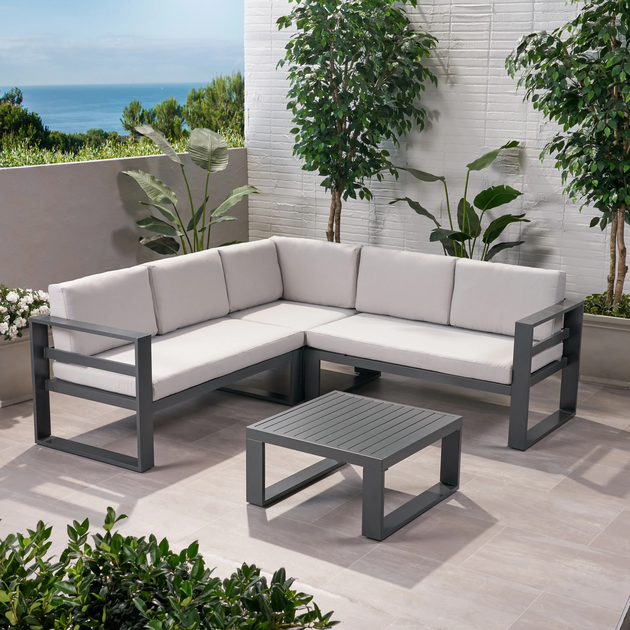 Queena Outdoor Aluminum Sofa Sectional with Coffee Table - furnishings