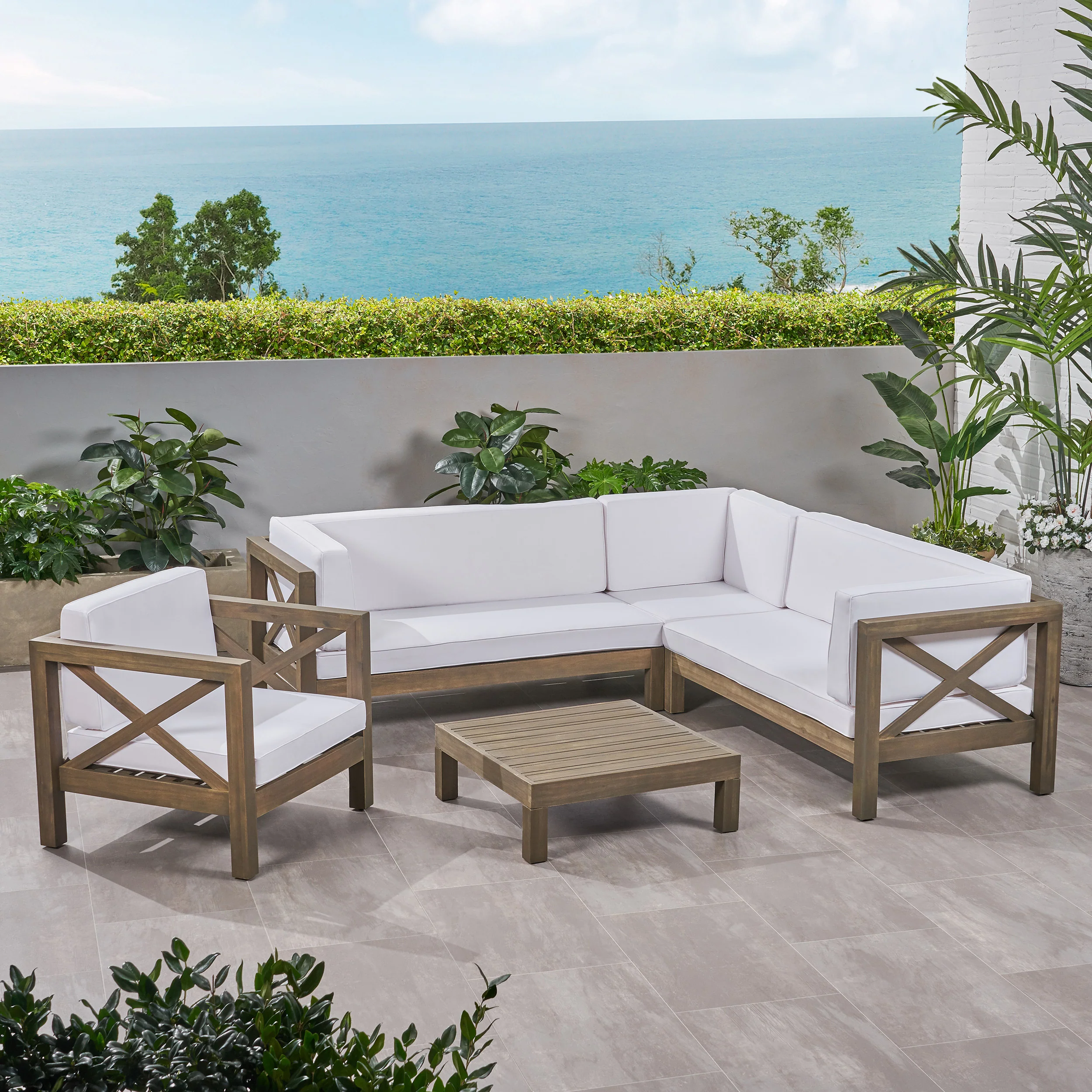 Morgan Outdoor 6 Seater Acacia Wood Sectional Sofa and Club Chair Set - furnishings