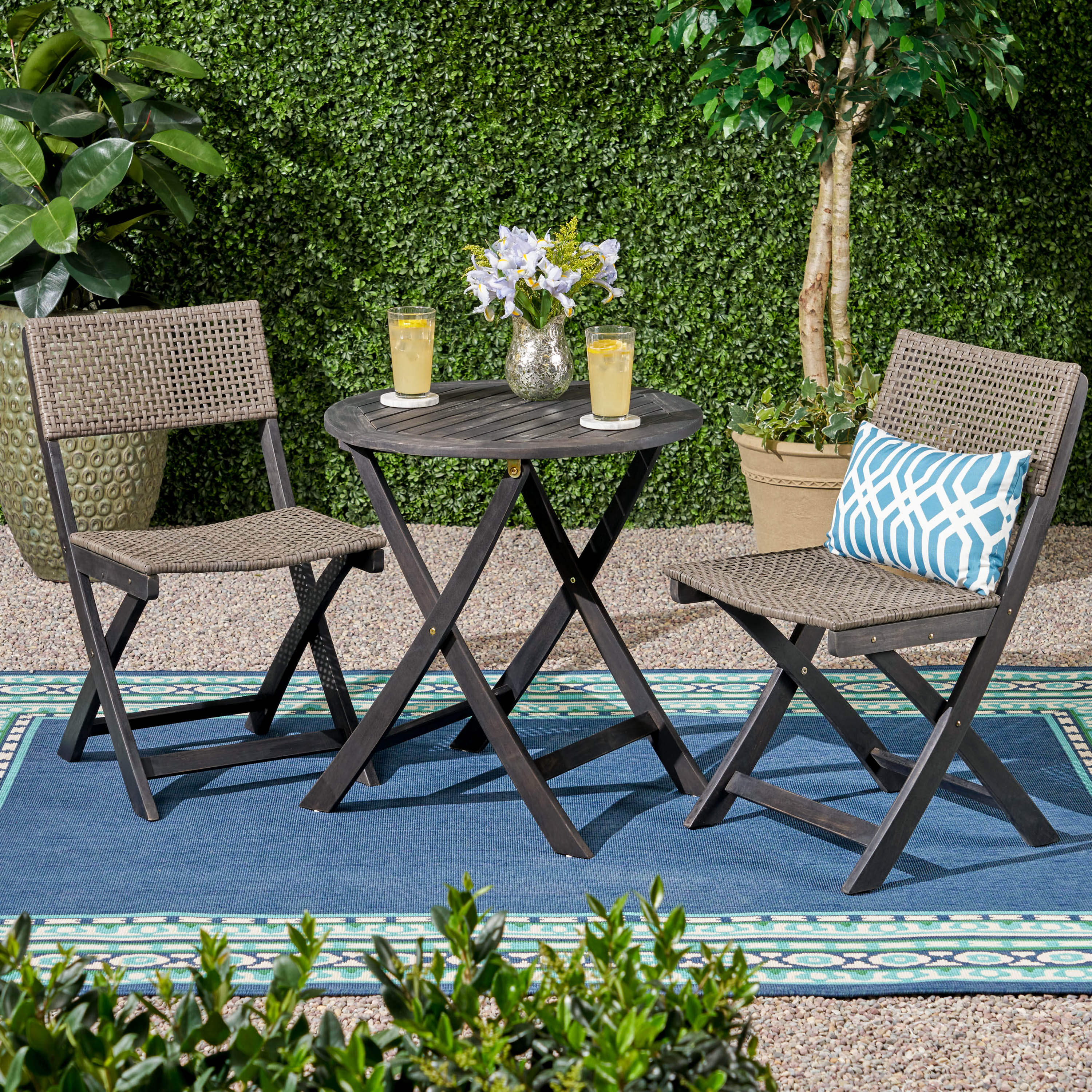 Truda Outdoor Acacia Wood Wicker Foldable Bistro Set with Chairs and Table - furnishings
