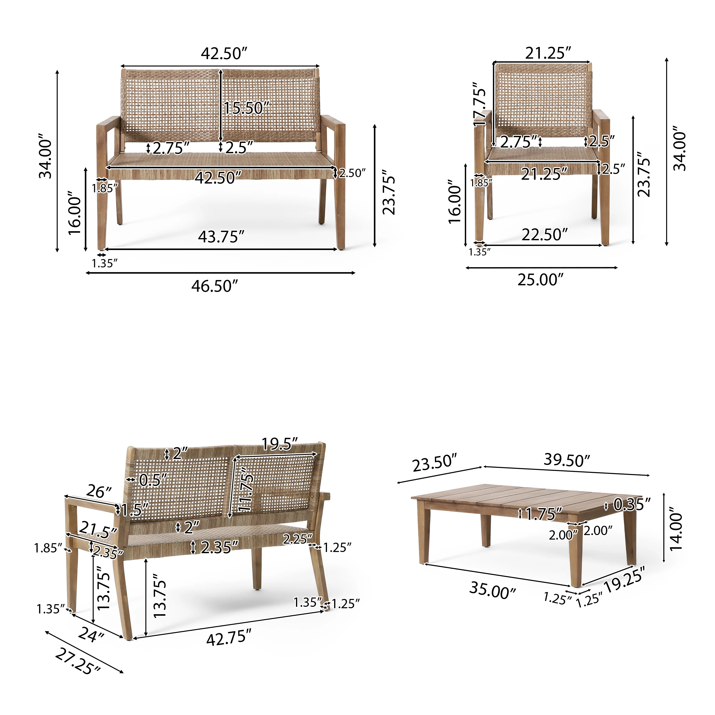 Elmcrest Outdoor Wicker and Acacia Wood 4 Seater Chat Set, Light Multibrown and Light Brown - furnishings