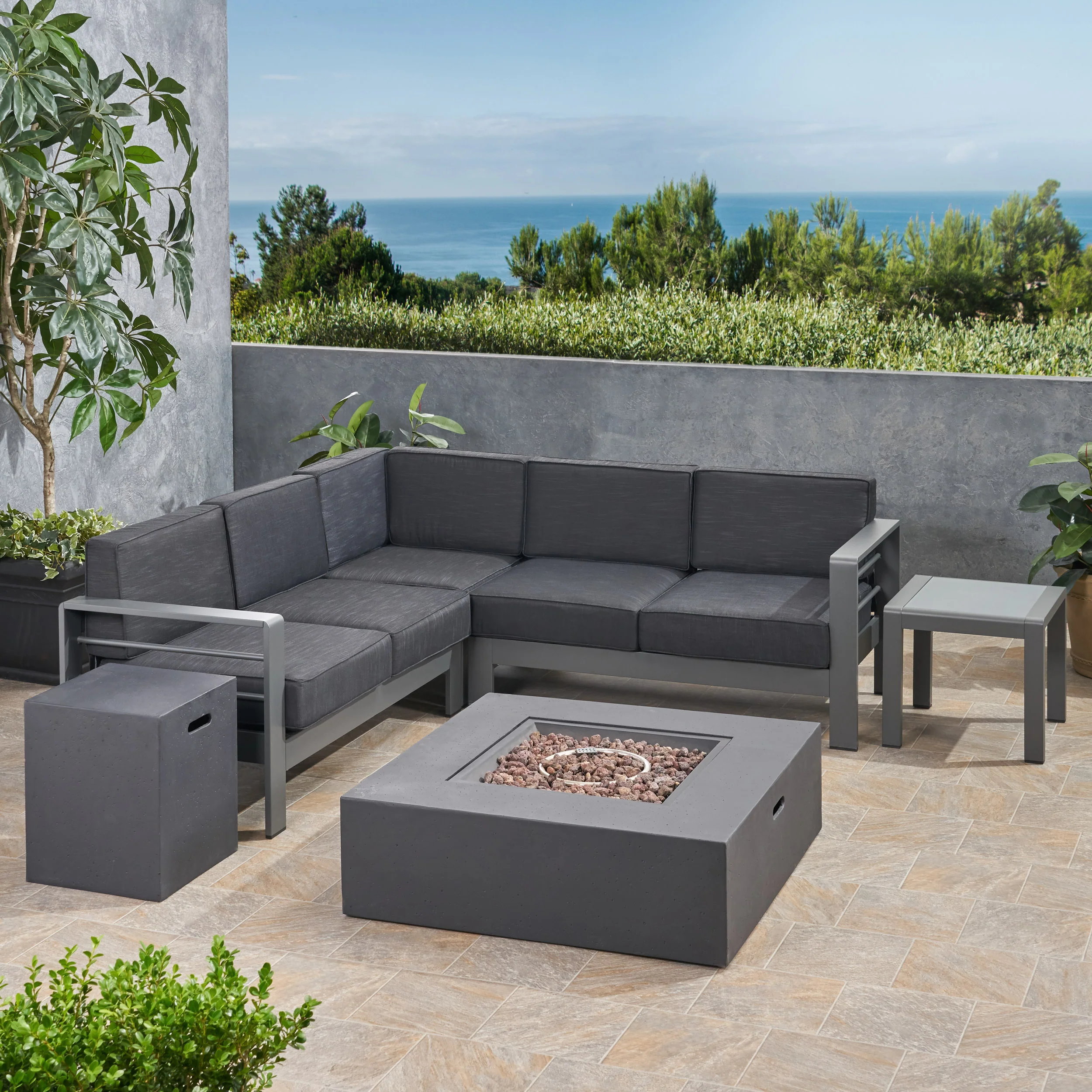 Scalett Outdoor 5 Seater Aluminum Chat Set with Fire Pit - furnishings