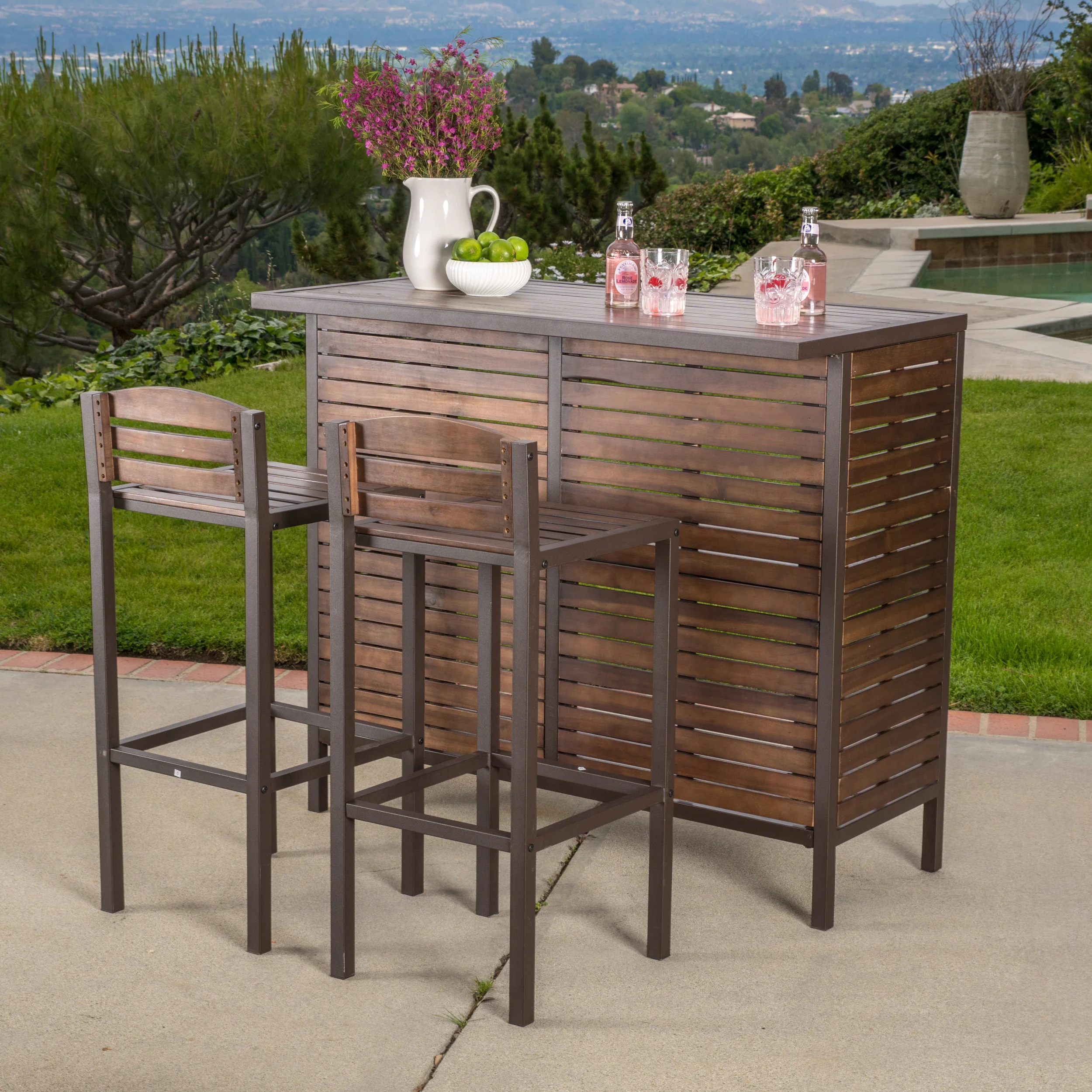 Isabel Dark Brown Acacia Wood & Rustic Metal Bar With 30-Inch Barstools - furnishings