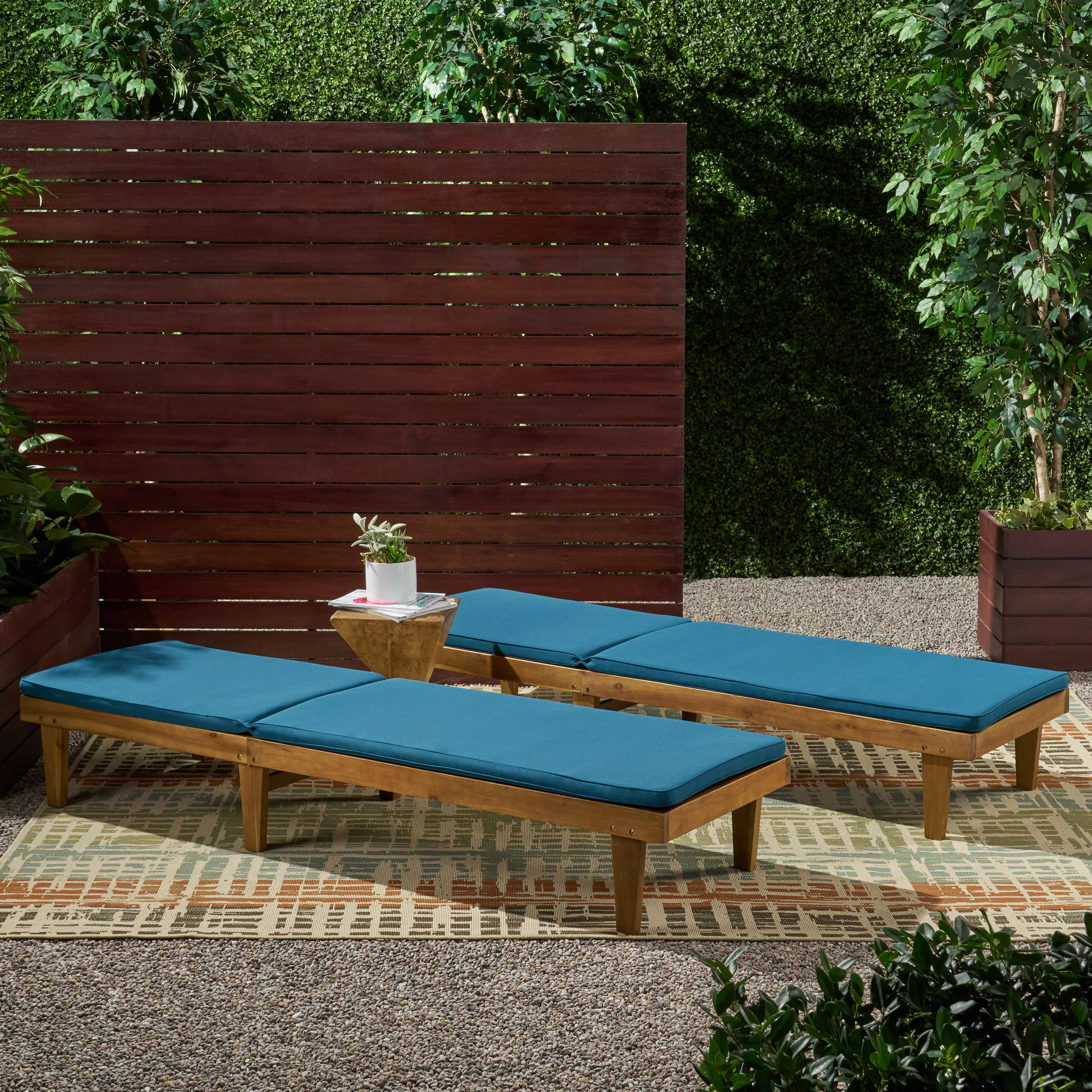 Nadine Outdoor Modern Acacia Wood Chaise Lounge with Cushion (Set of 2) - furnishings