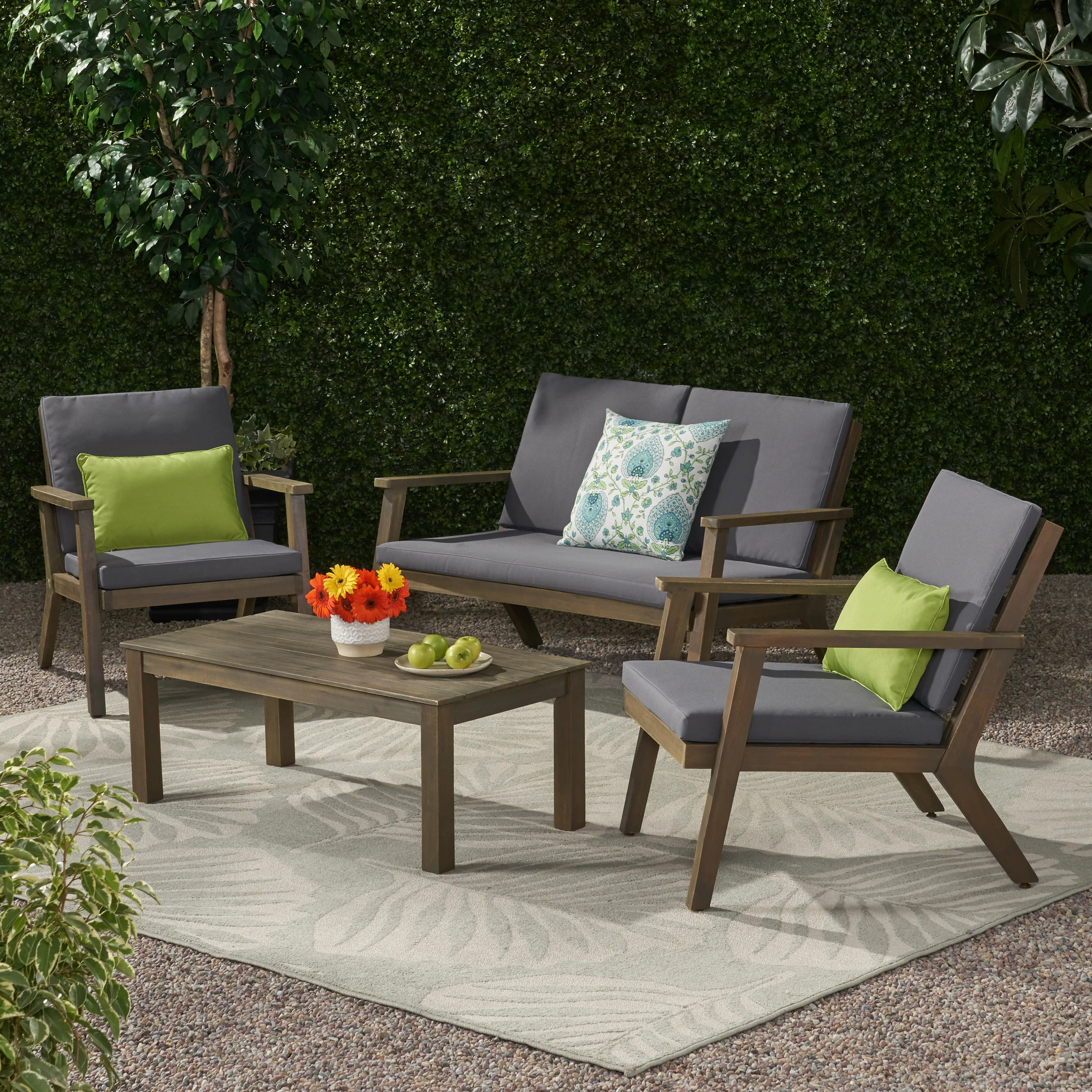 Avacyn Outdoor Acacia Wood 4 Seater Chat Set with Cushions - furnishings