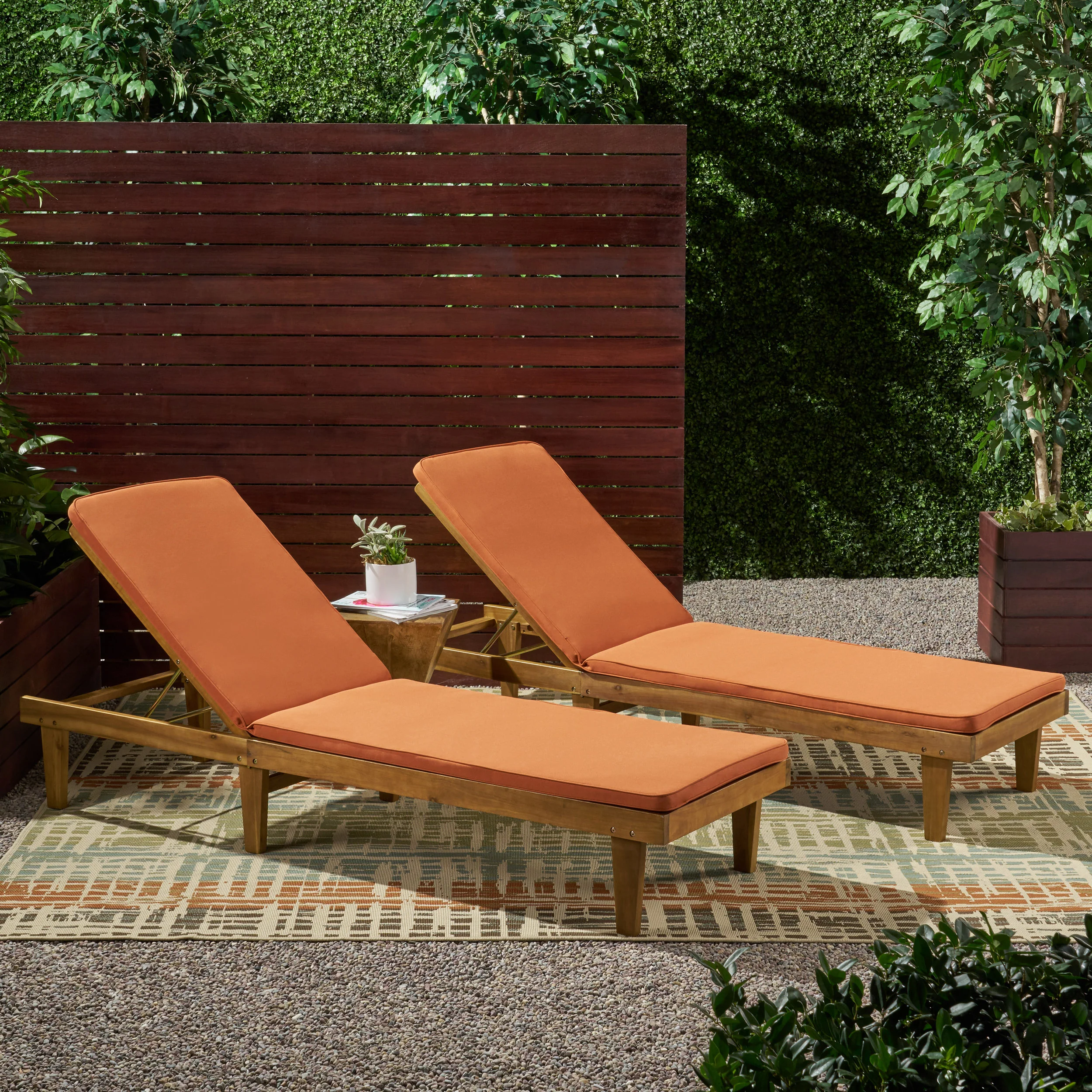 Nadine Outdoor Modern Acacia Wood Chaise Lounge with Cushion (Set of 2) - furnishings