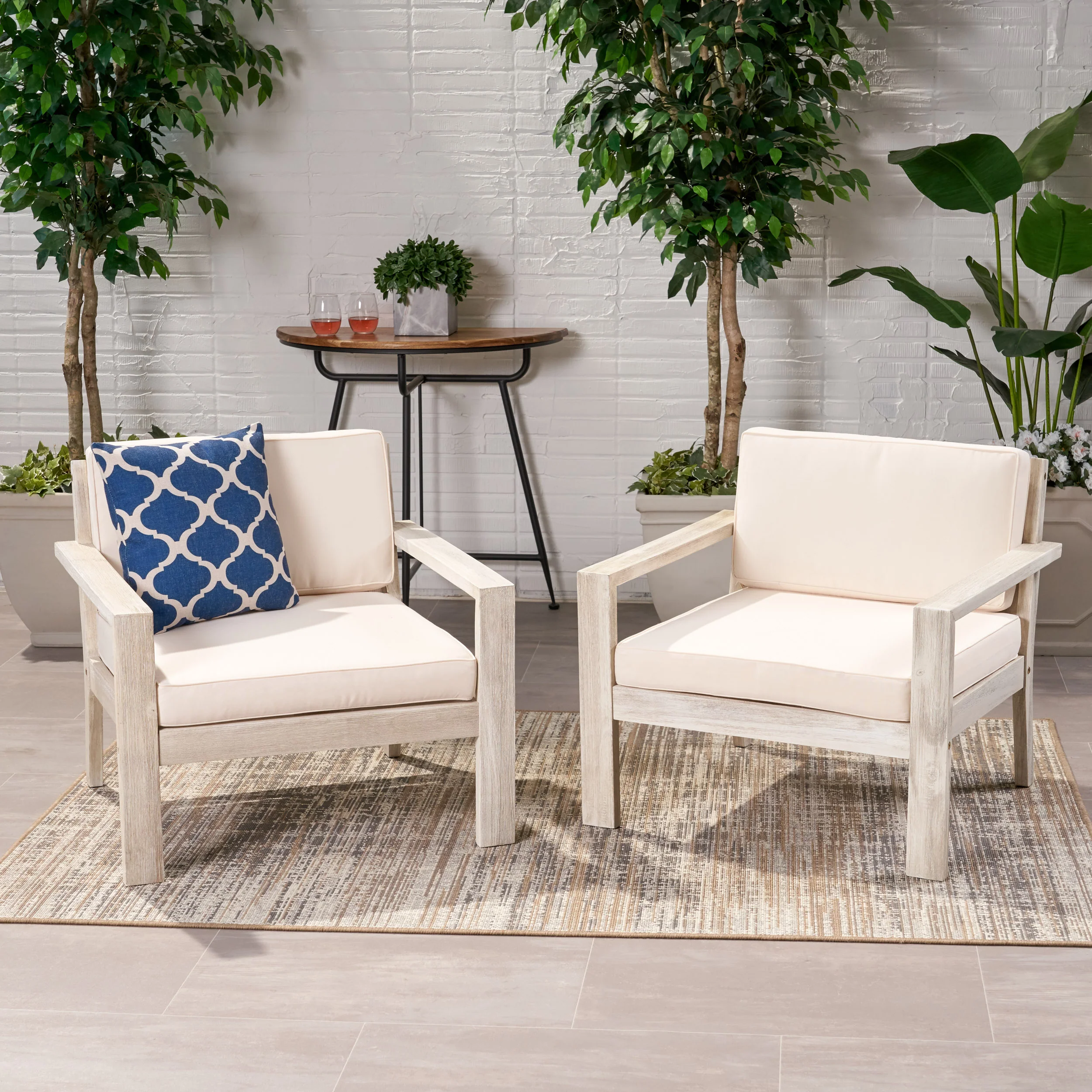 Ben Outdoor Acacia Wood Club Chairs with Cushions (Set of 2) - furnishings