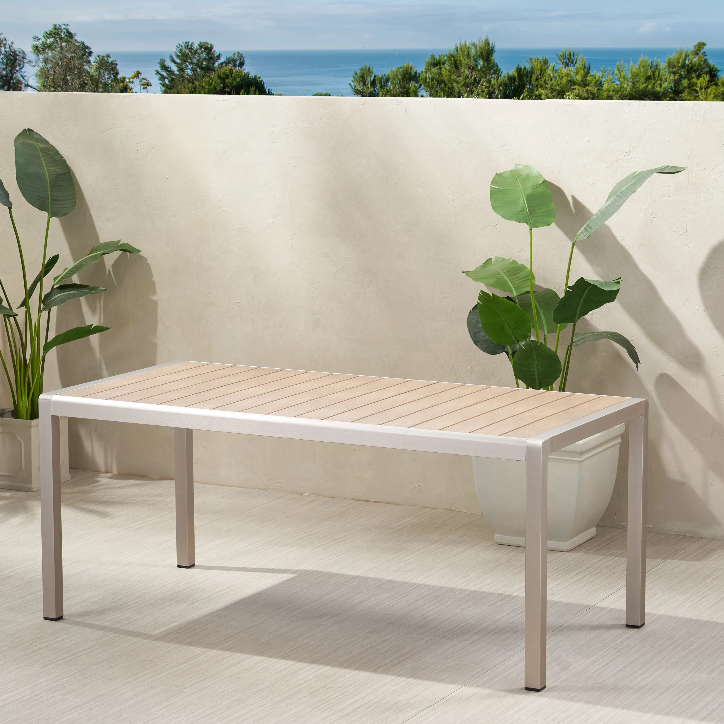 Cherie Outdoor Modern Aluminum Dining Table with Faux Wood Table Top - furnishings
