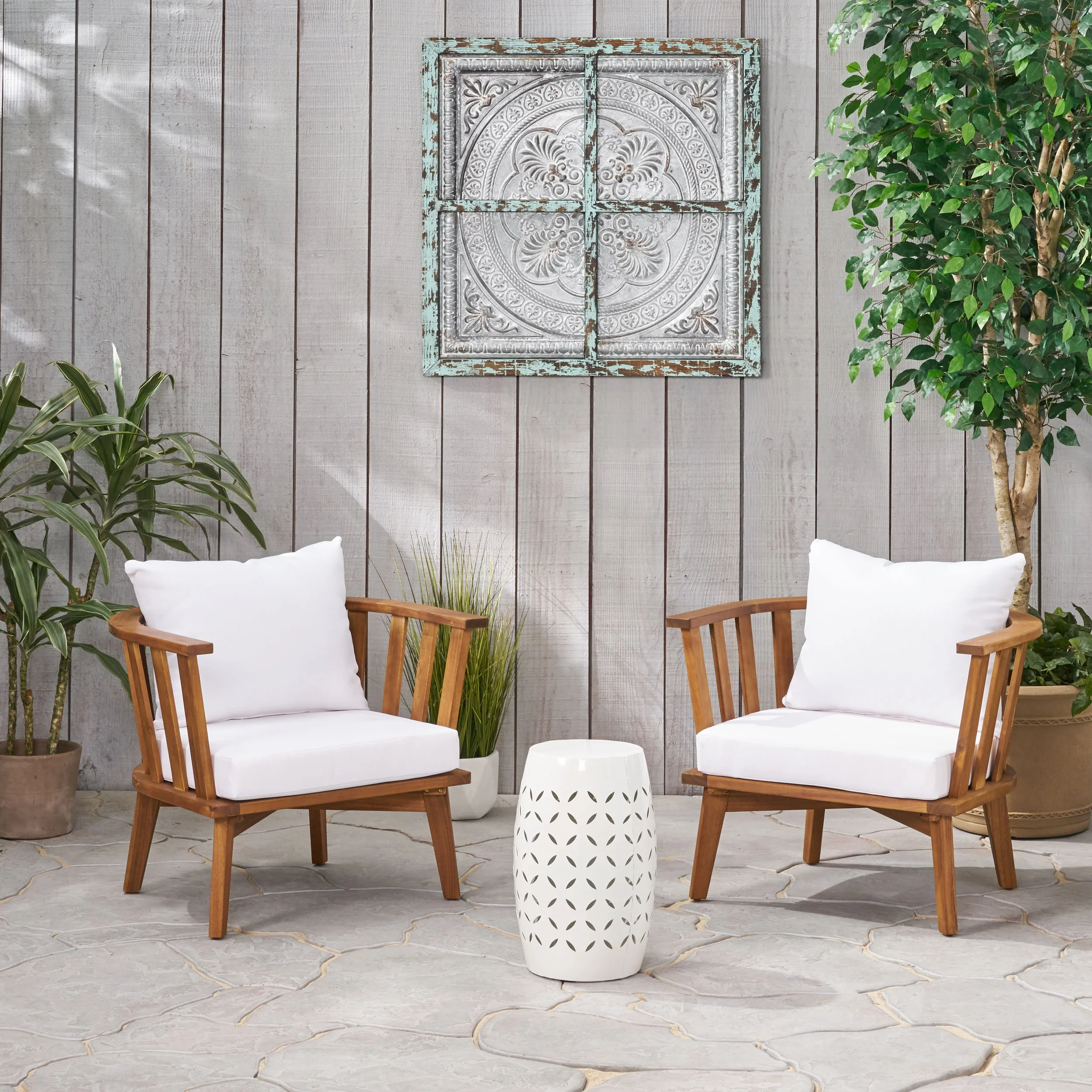 Hilary Outdoor Acacia Wood 2 Seater Club Chairs and Side Table Set - furnishings