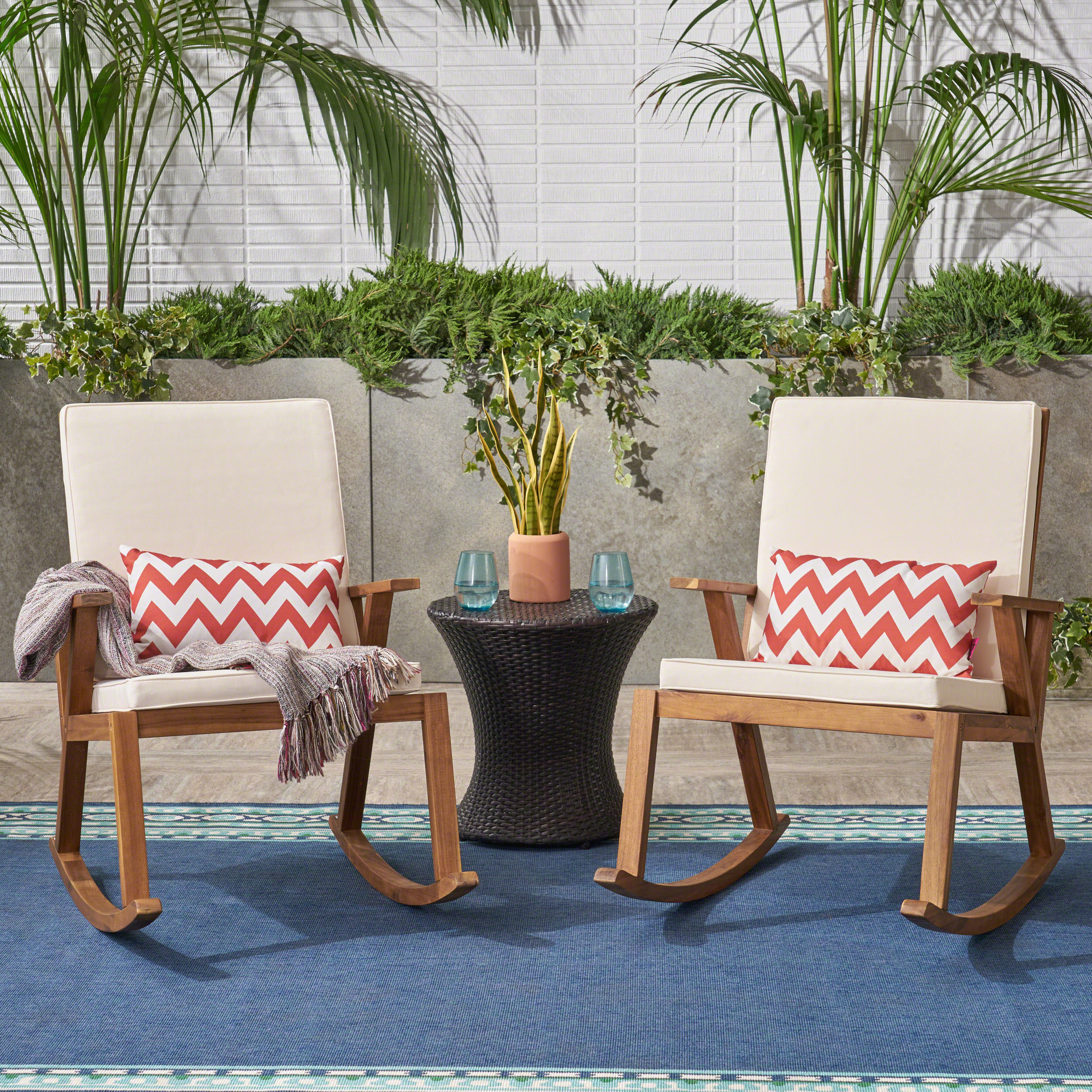 Andy Outdoor Acacia Wood Rocking Chair with Water-Resistant Cushions (Set of 2) - furnishings