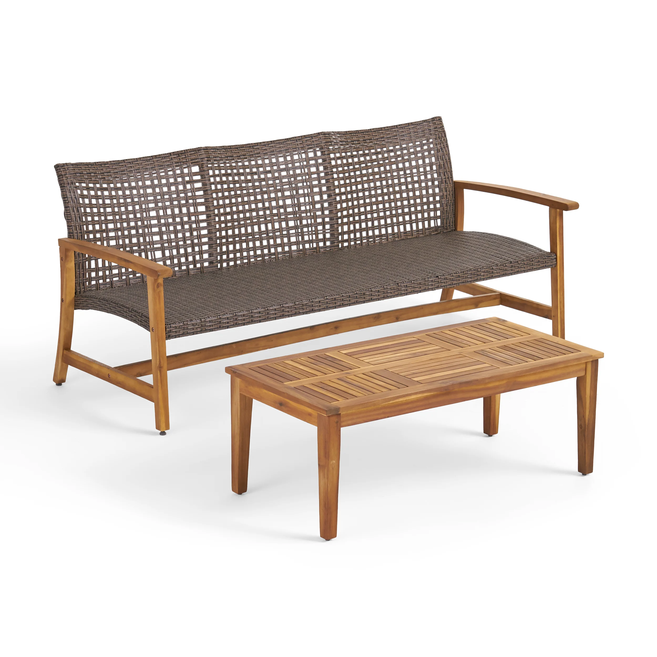 Beacher Belloc Outdoor Wood and Wicker Sofa and Coffee Table Set - furnishings