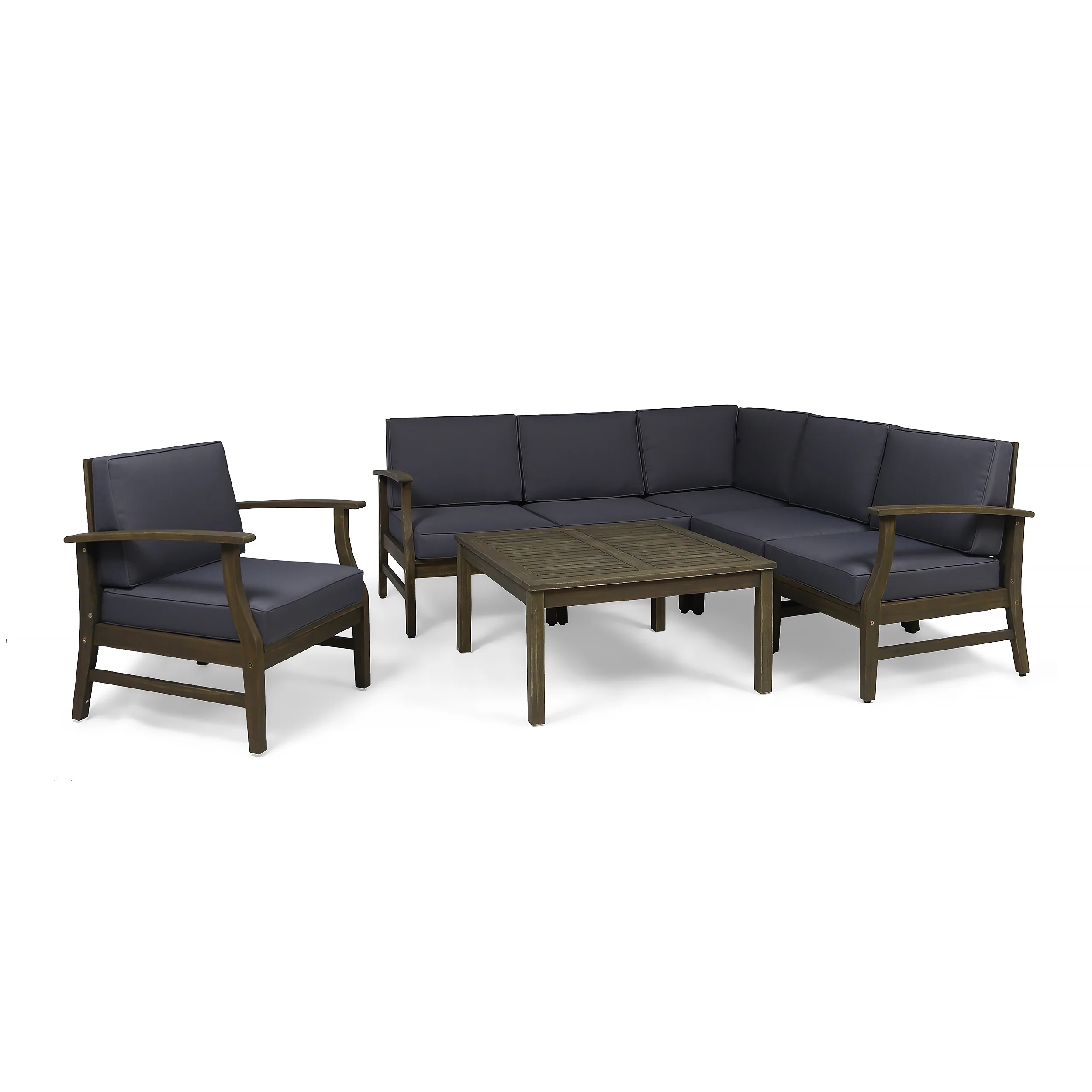 Capri Outdoor 7 Piece Acacia Wood Sectional Sofa and Club Chair Set - furnishings