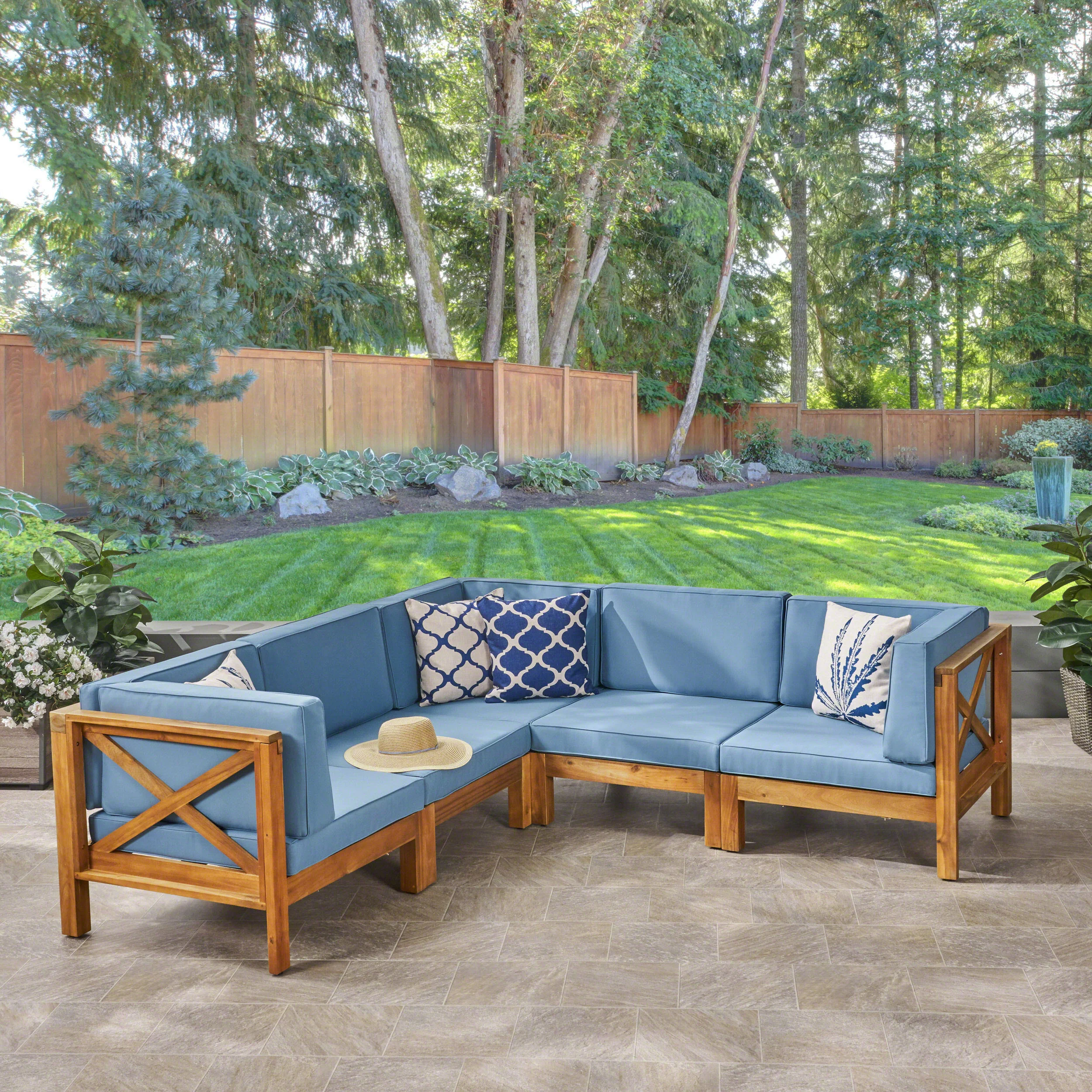 Brava Outdoor Acacia Wood 5 Seater Sectional Sofa Set with Water-Resistant Cushions - furnishings
