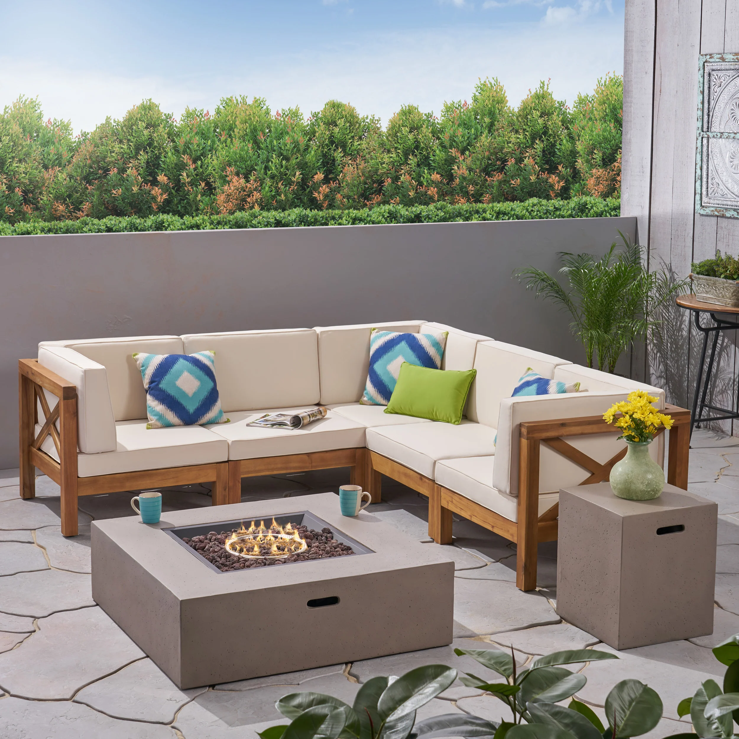 Cynthia Outdoor Acacia Wood 5 Seater Sectional Sofa Set with Fire Pit - furnishings