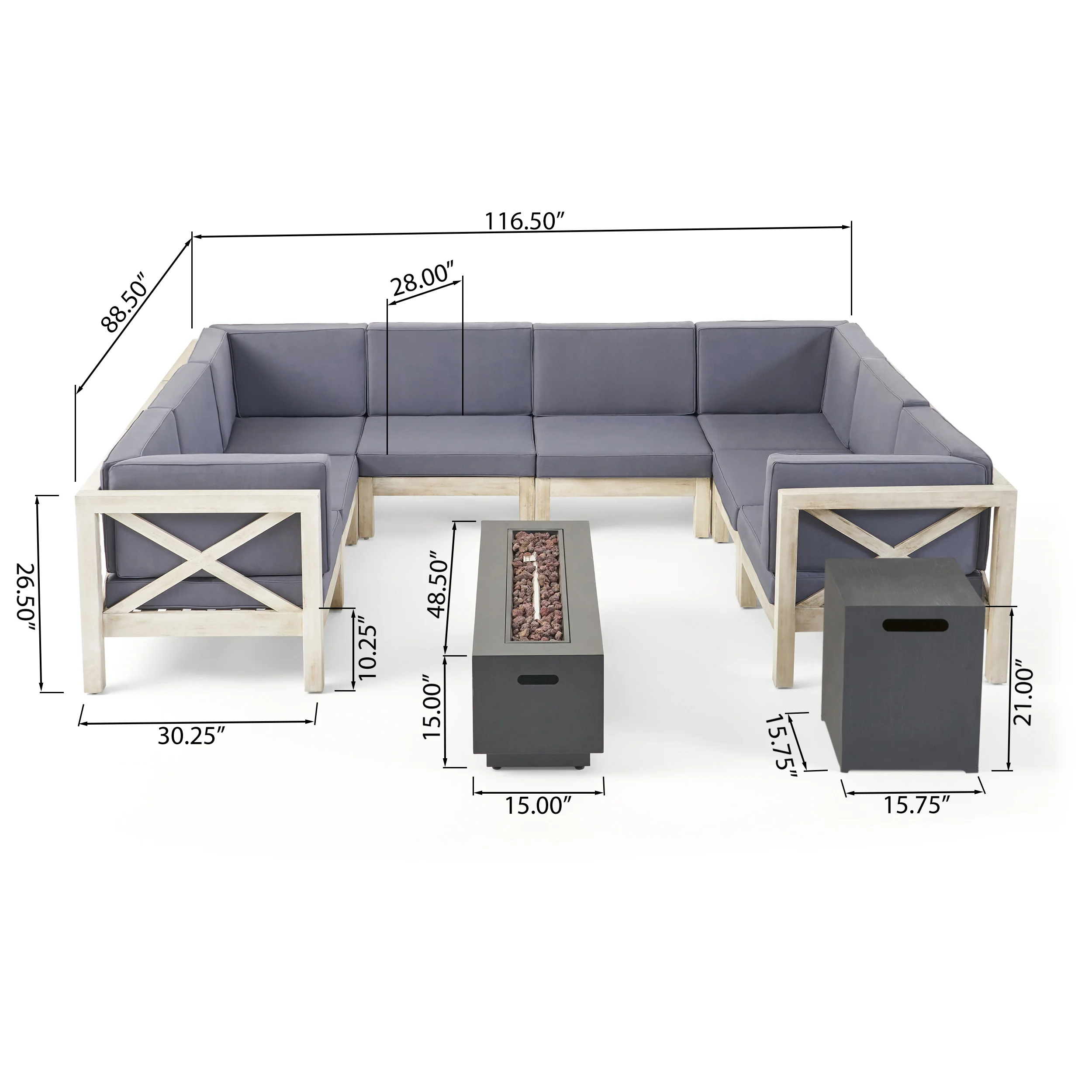 Muriel Outdoor Farmhouse Acacia Wood 8 Seater U-Shaped Sectional Sofa Set with Fire Pit - furnishings