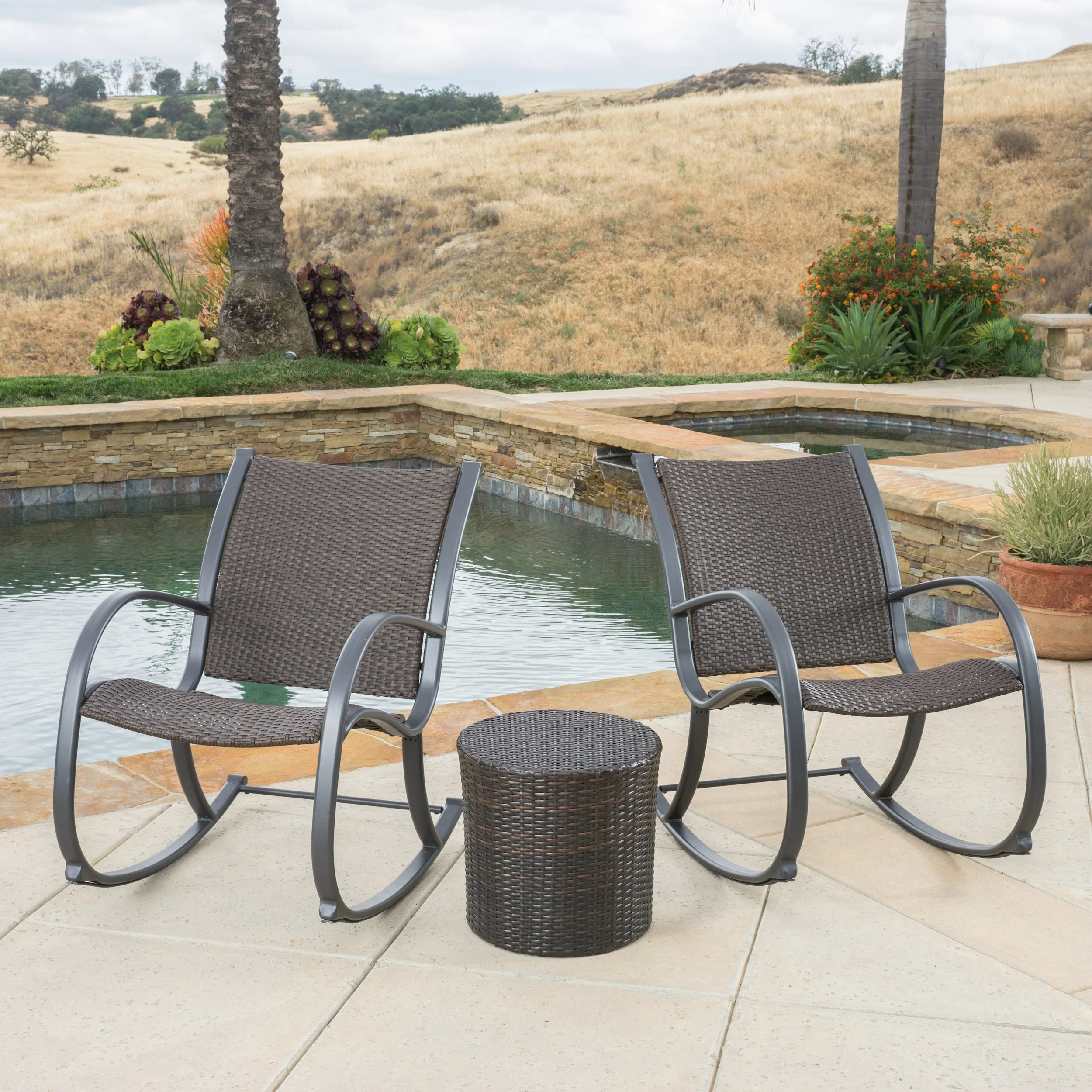 Leann Outdoor 3pc Dark Brown Wicker Rocking Chair Chat Set - furnishings