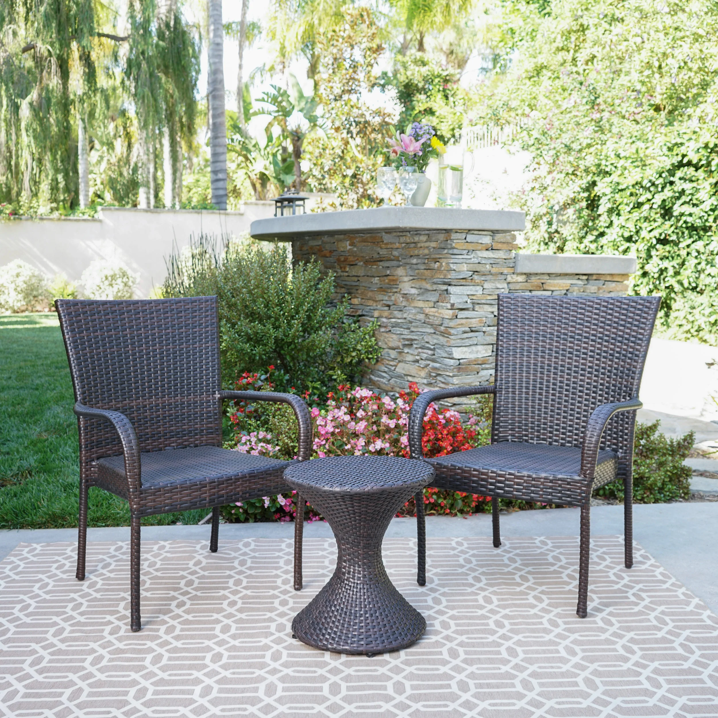 Newton Outdoor 3 Piece Multi-Brown Wicker Chat Set with Stacking Chairs - furnishings