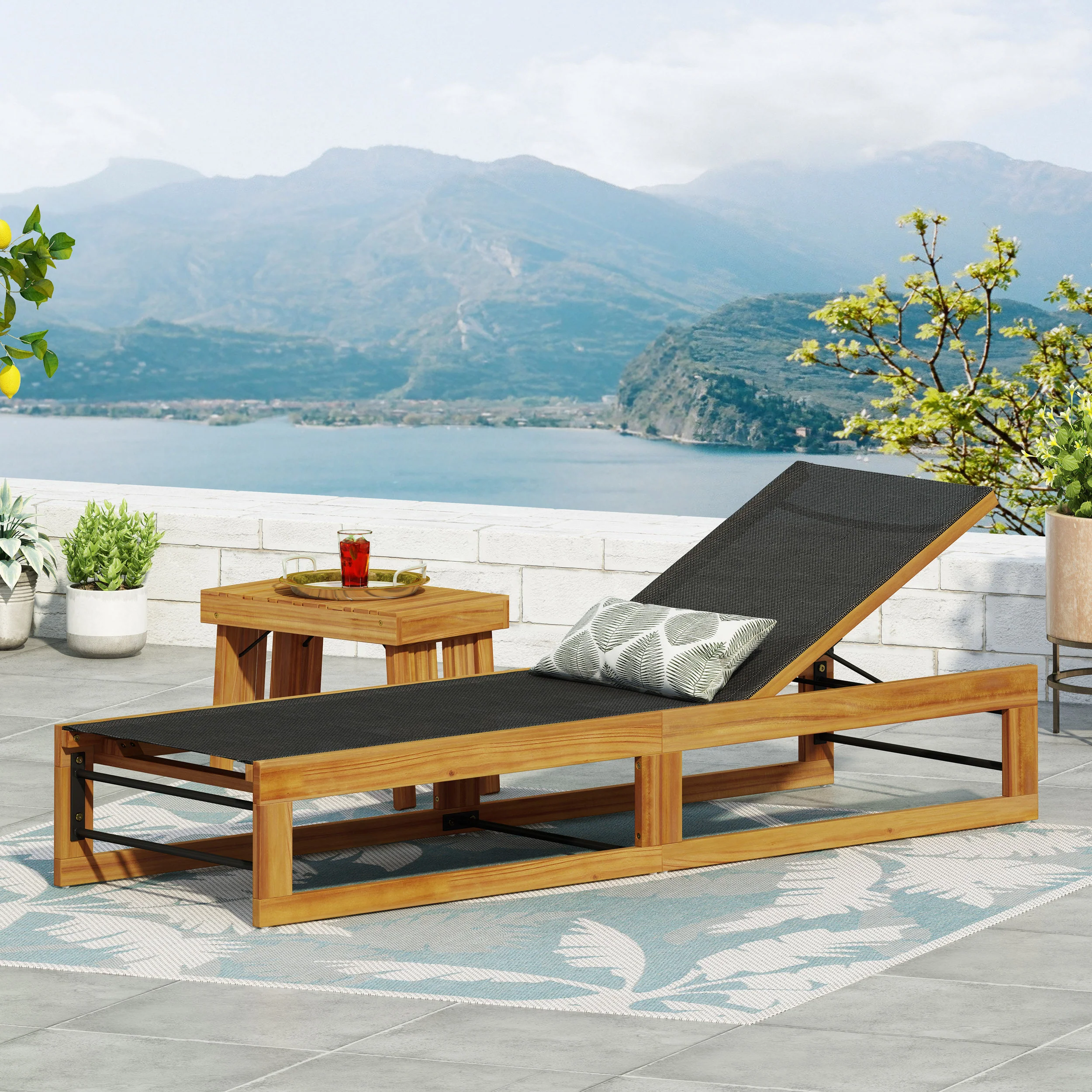 Leavitt Outdoor Mesh and Wood Adjustable Chaise Lounge, Black and Teak - furnishings