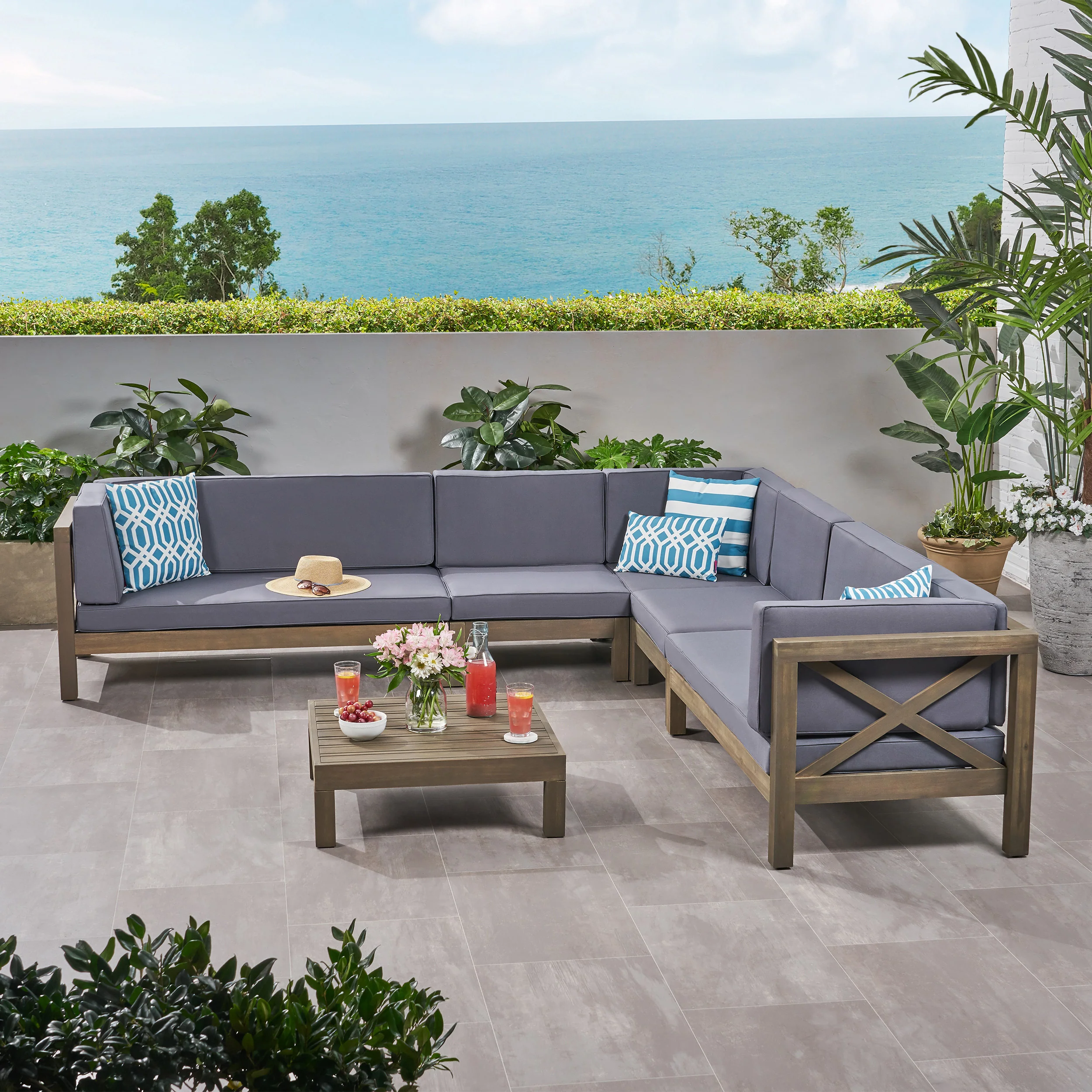 Cynthia Outdoor 7 Seater Acacia Wood Sectional Sofa Set - furnishings