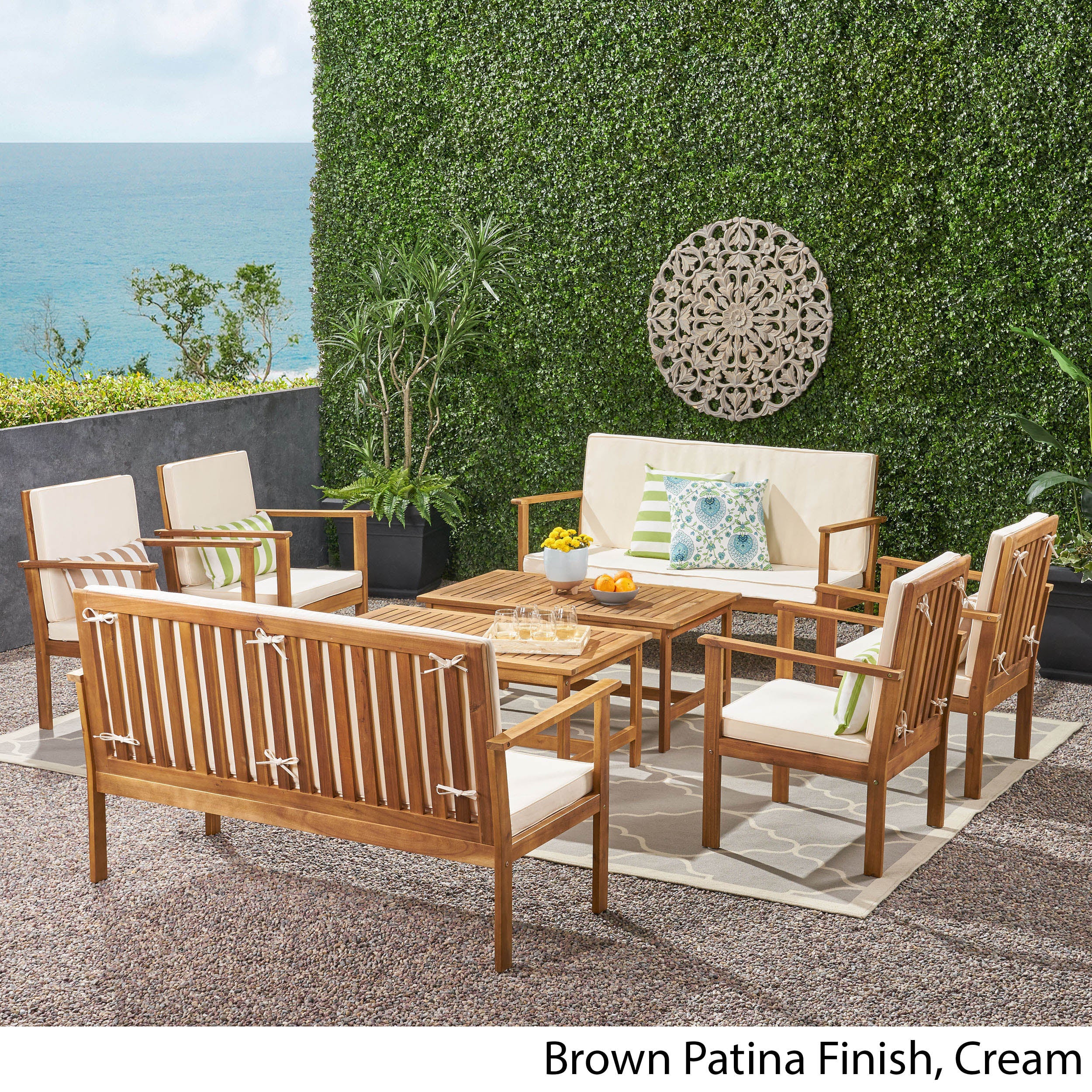 Renata Outdoor Modern Acacia Wood 8 Seater Chat Set with Cushions - furnishings