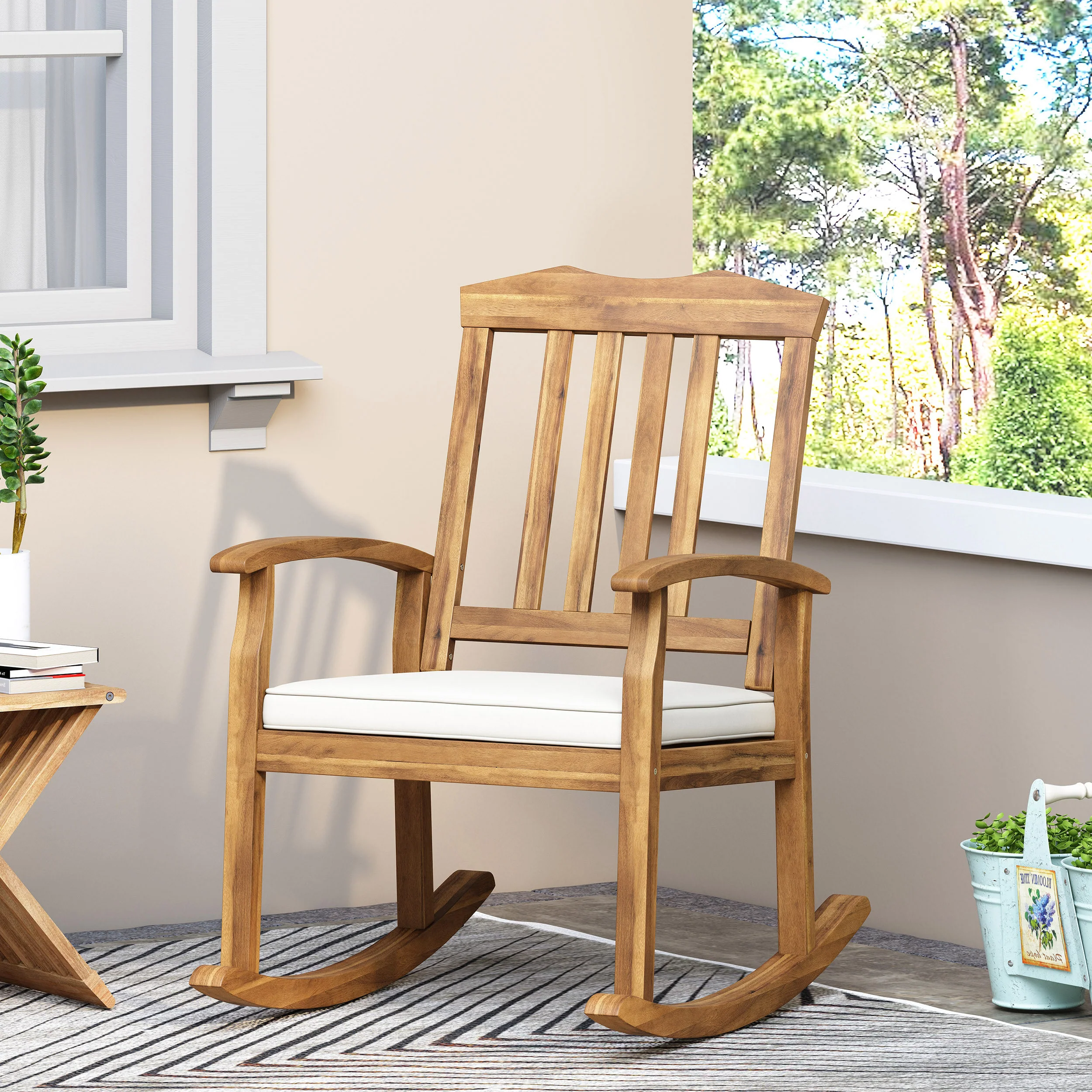 Kessler Outdoor Acacia Wood Rocking Chair with Cushion, Teak and Beige - furnishings