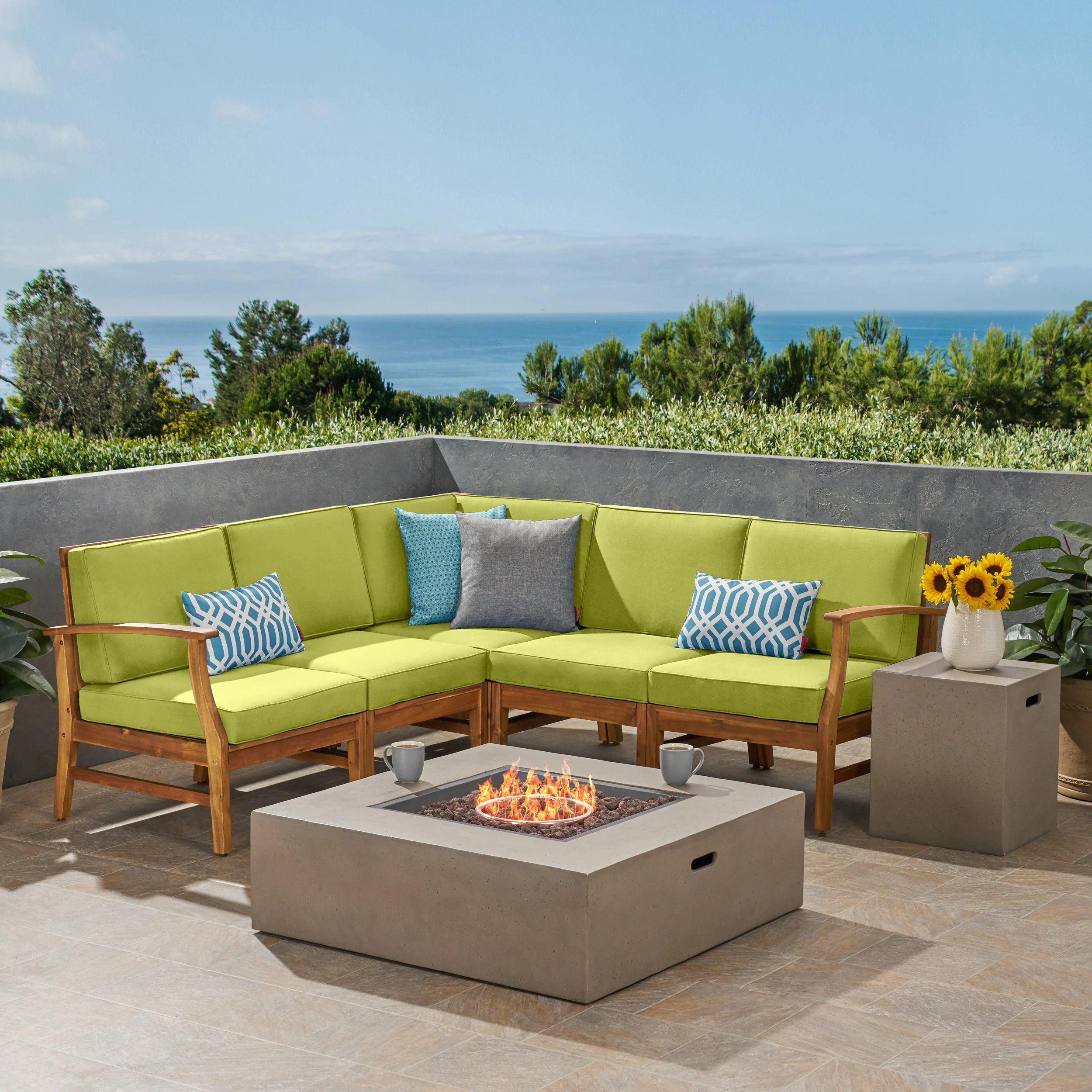 Nyeemah Outdoor 5 Seater V-Shaped Acacia Wood Sofa Set with Square Fire Table and Tank - furnishings