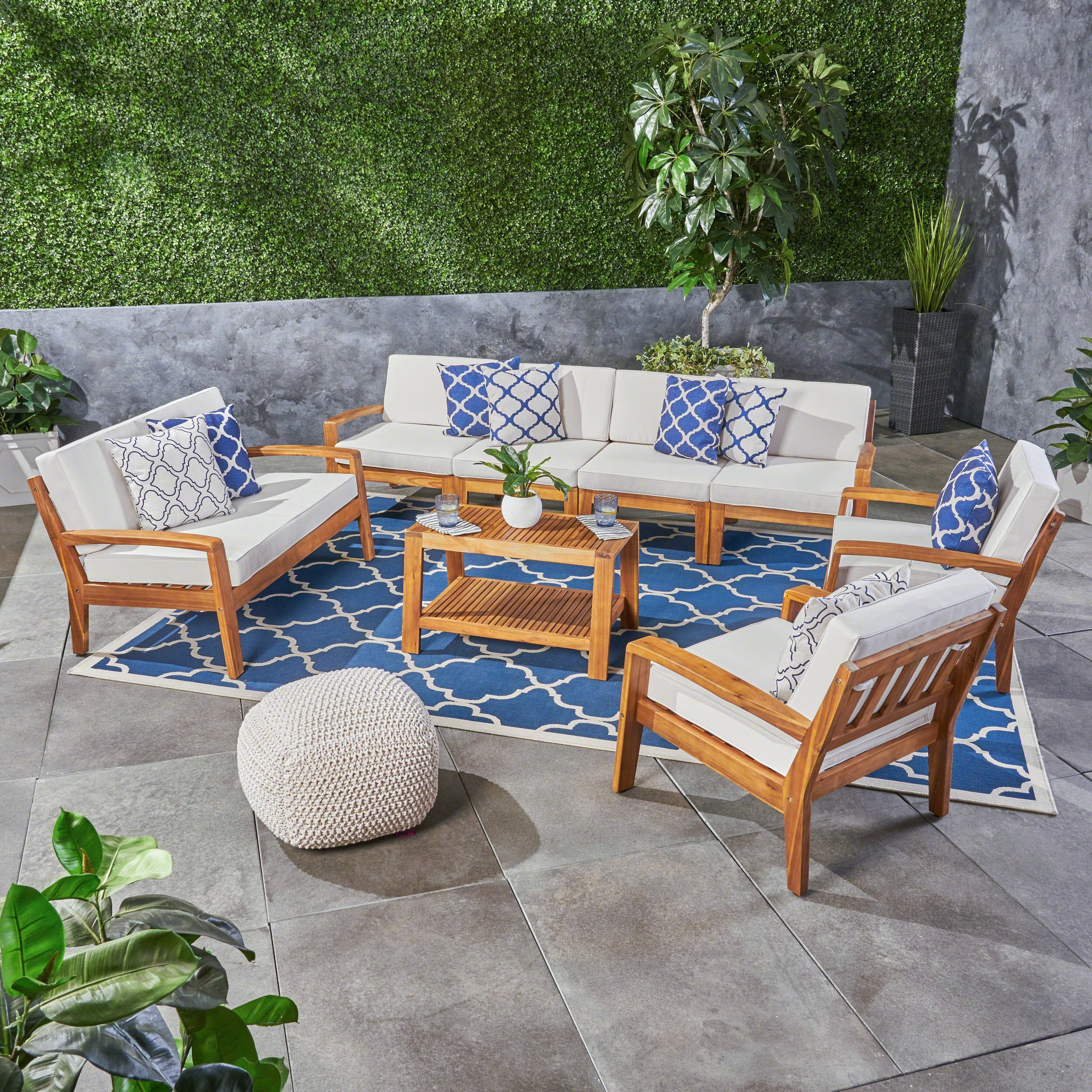 Giselle Outdoor Acacia Wood 8 Seater Sectional Chat Set with Coffee Table - furnishings