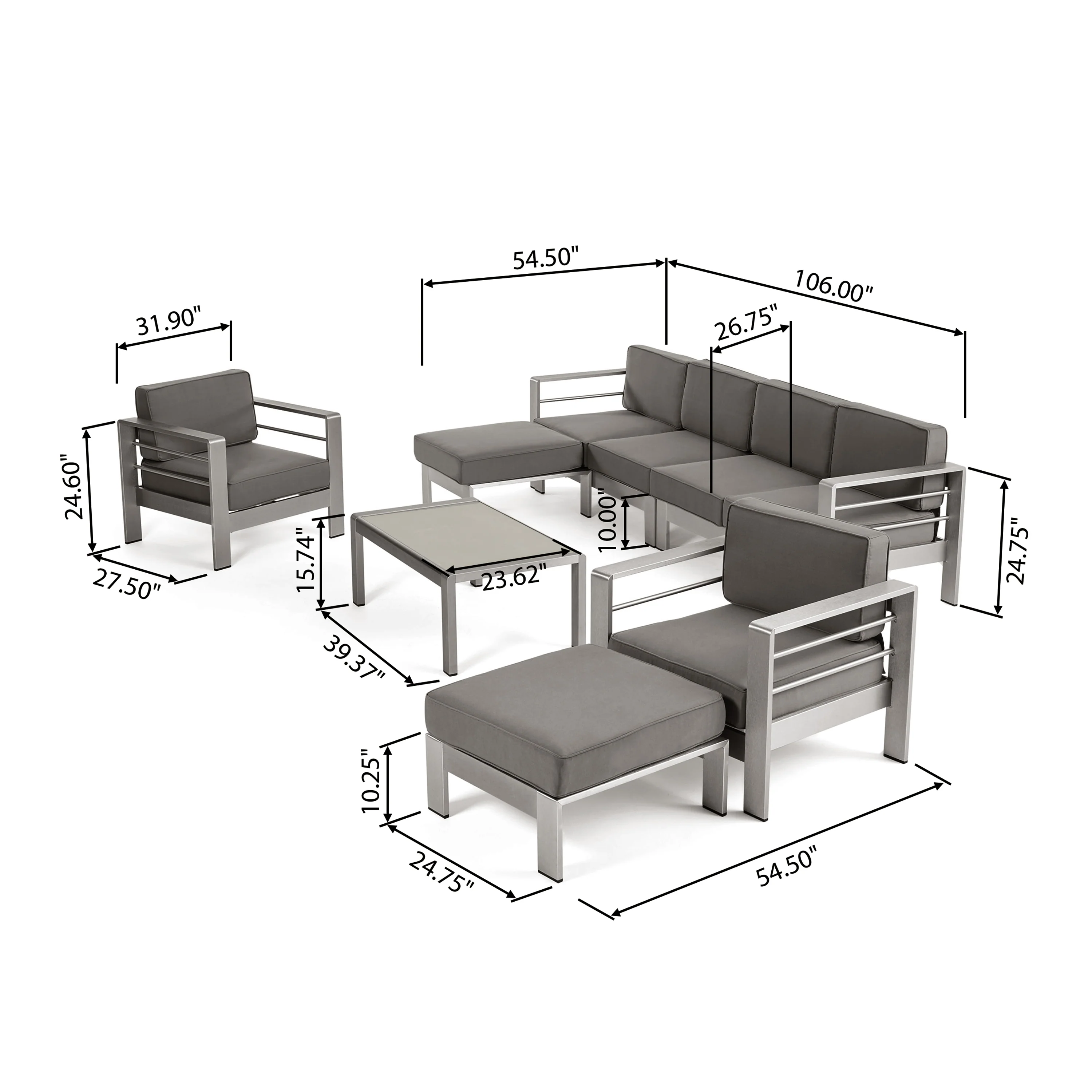 Emily Coral Outdoor Aluminum 6-Seater Sectional Sofa Set with Ottomans and Coffee Table, Silver and Gray - furnishings