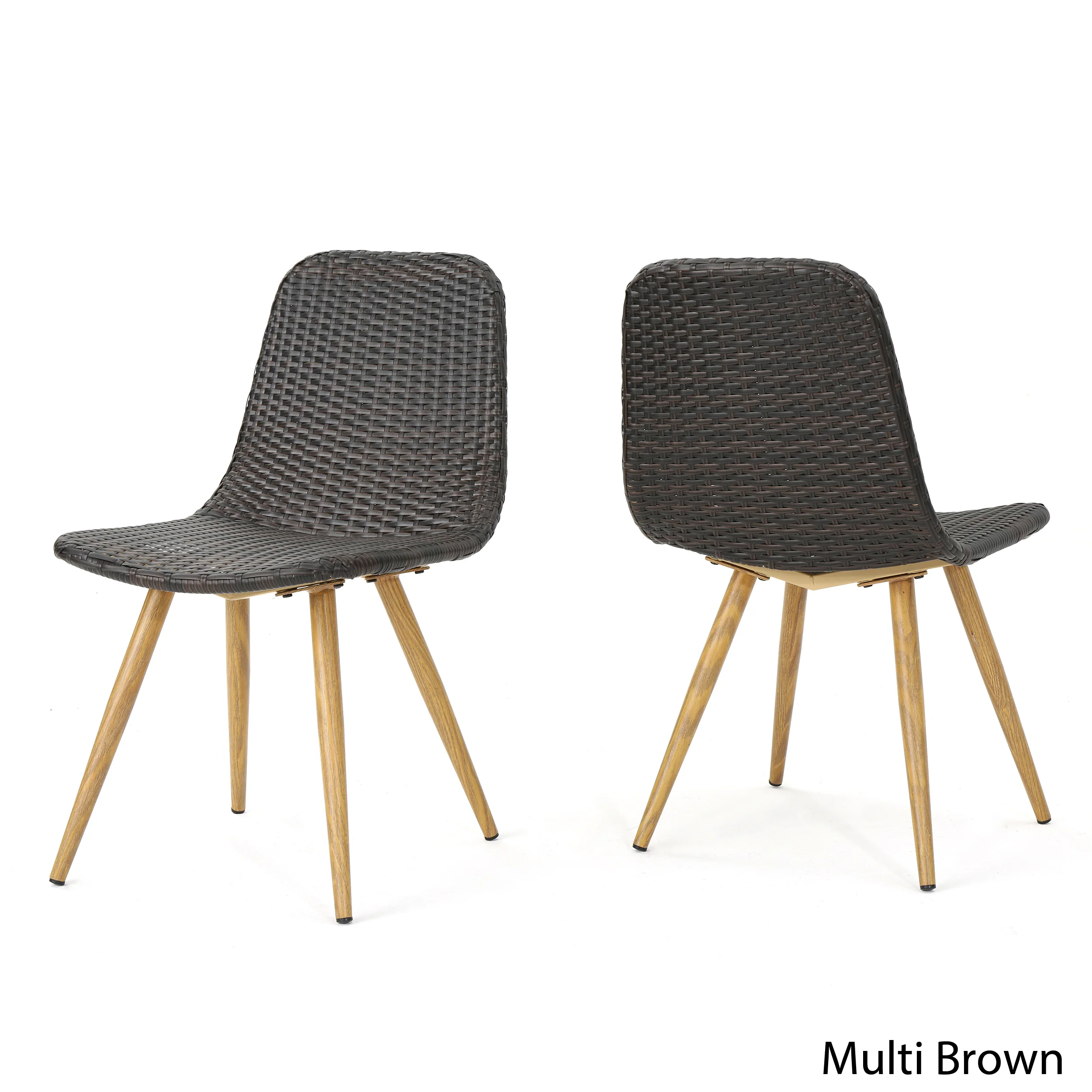 Gilda Outdoor Multi-Brown Wicker Dining Chairs With Wood Finished Metal Legs - furnishings
