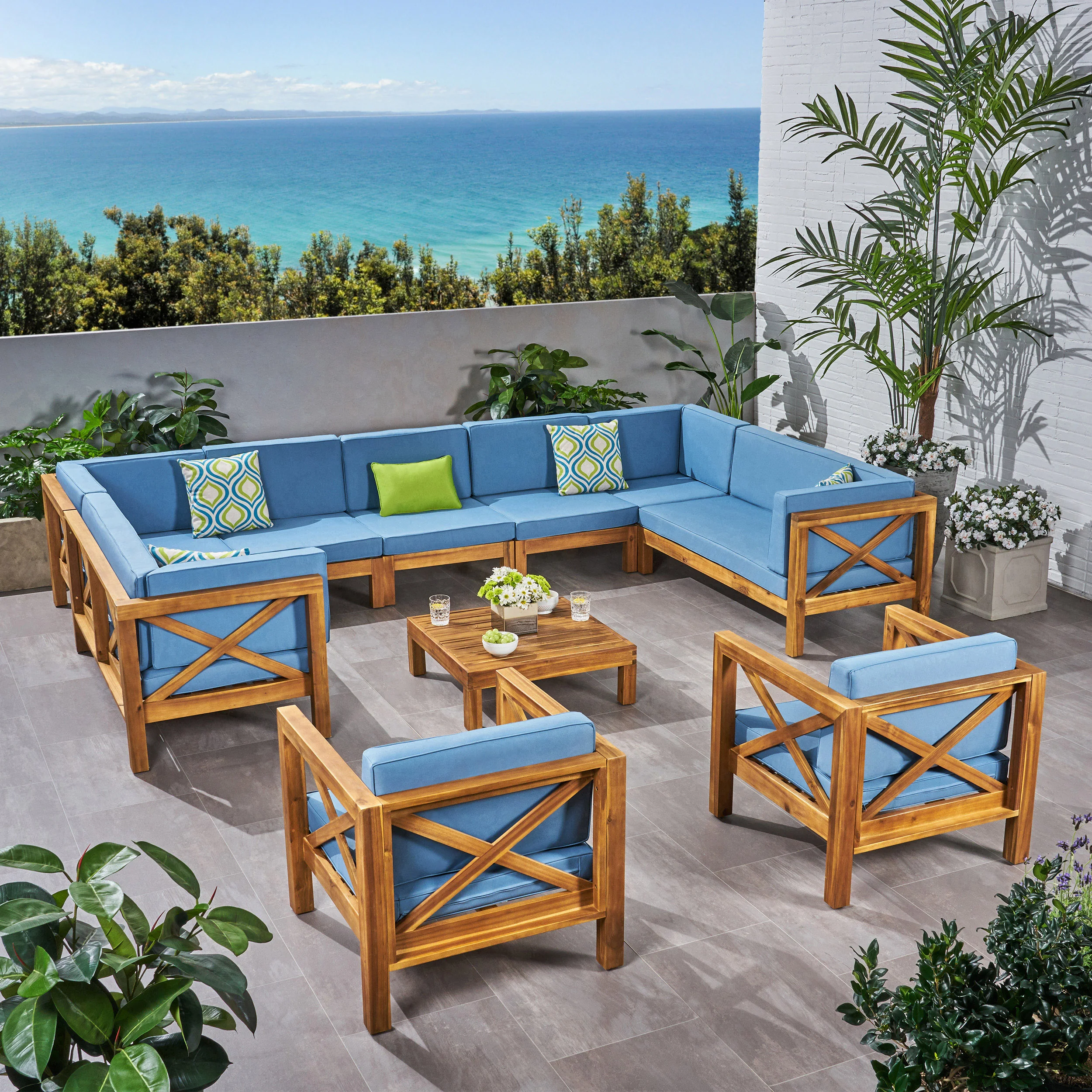 Isabella Outdoor 11 Seater Acacia Wood Sectional Sofa and Club Chair Set - furnishings