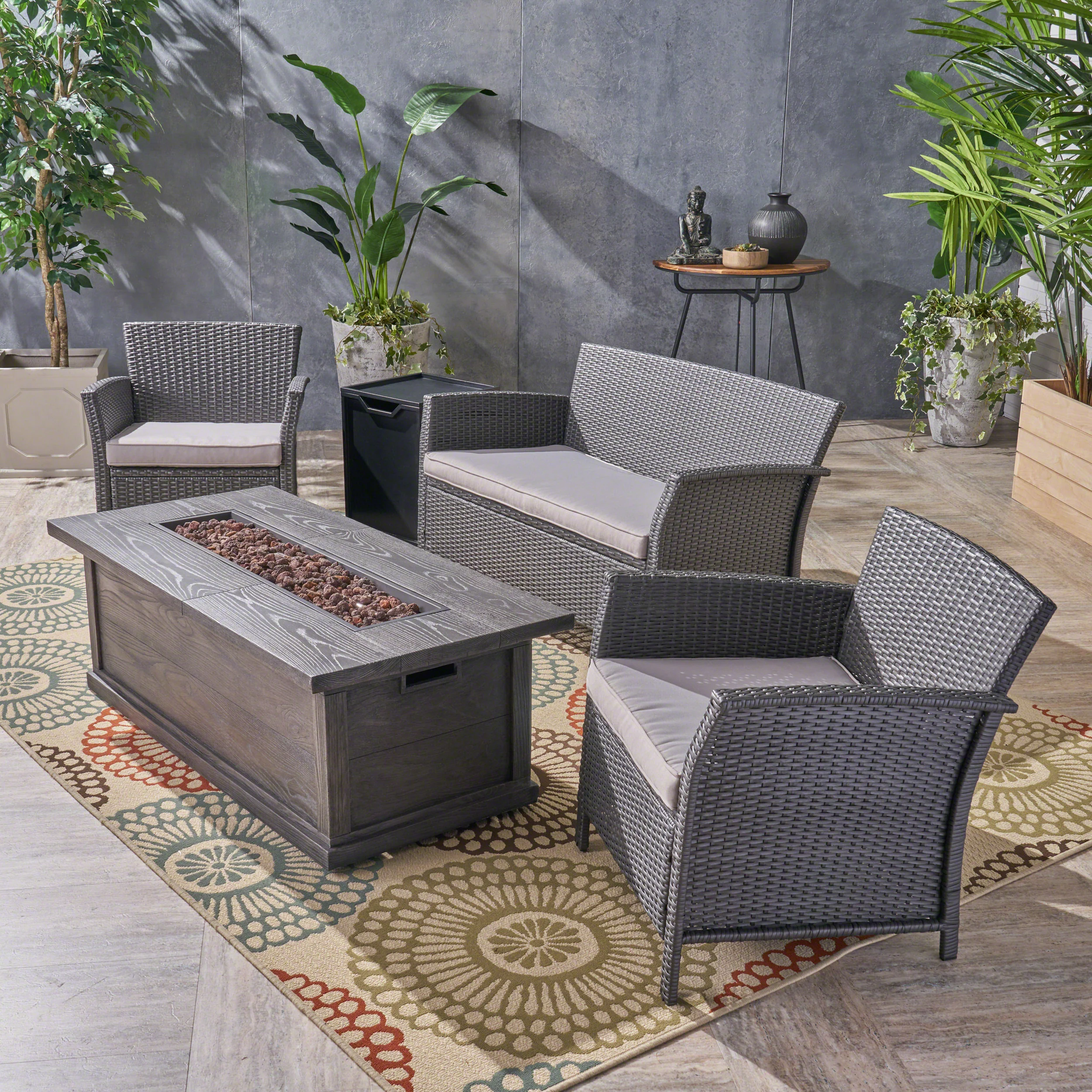 Laiah Outdoor 4 Seater Wicker Chat Set with Iron Fire Pit - furnishings