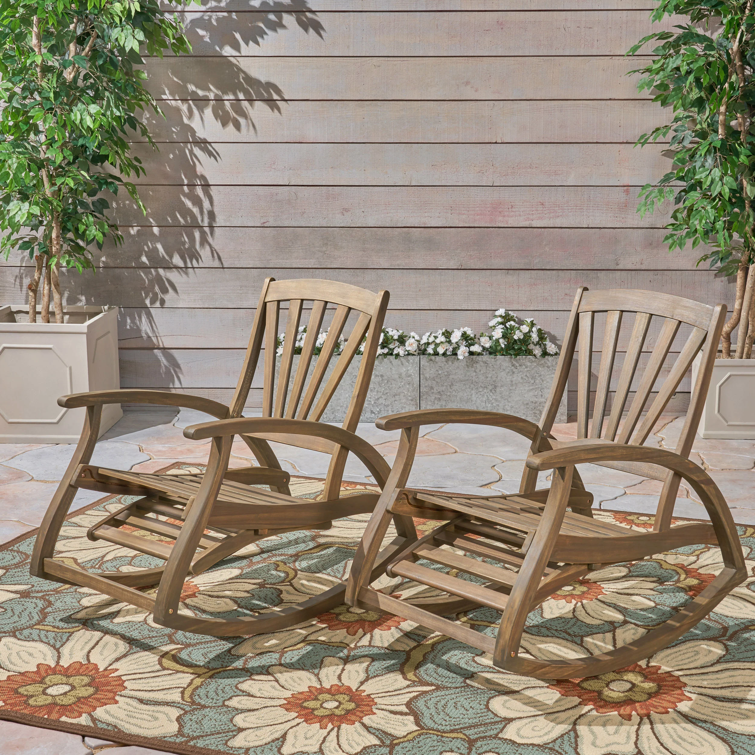 Lee Outdoor Rustic Acacia Wood Recliner Rocking Chairs (Set of 2) - furnishings
