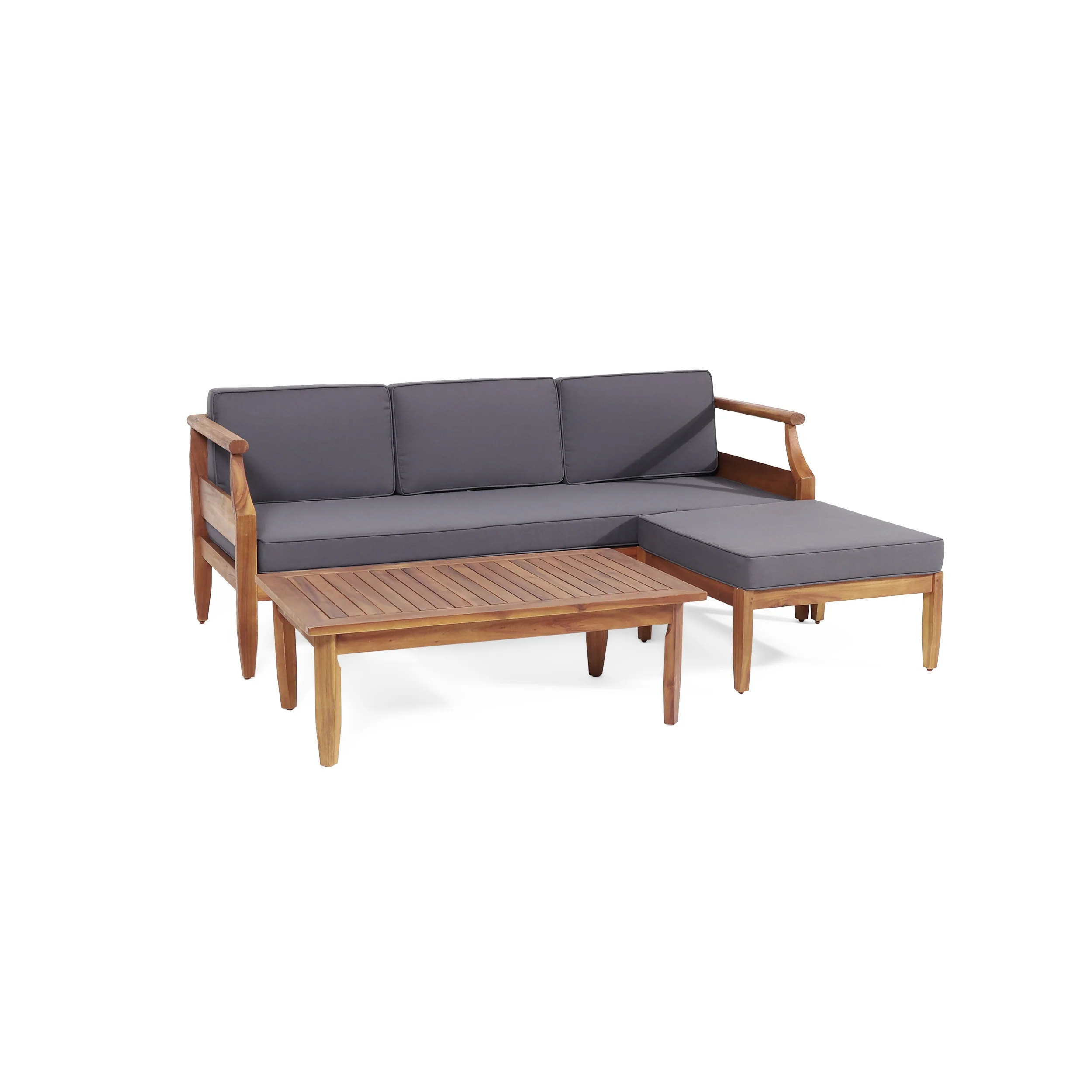 Bianca Mid-Century Modern Acacia Wood 3 Seater Sofa Chat Set with Ottoman, Teak and Dark Gray - furnishings