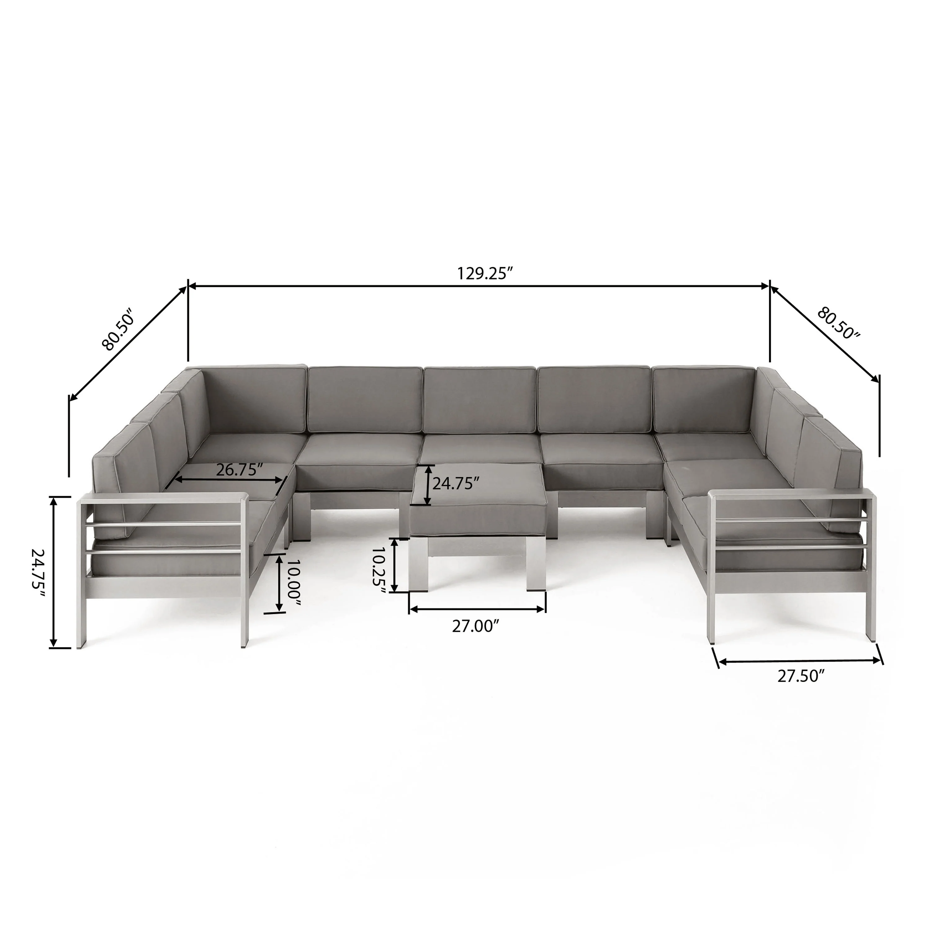 Laura Outdoor Modern 9 Seater Aluminum U-Shaped Sofa Sectional Set with Ottoman, Silver and Khaki - furnishings