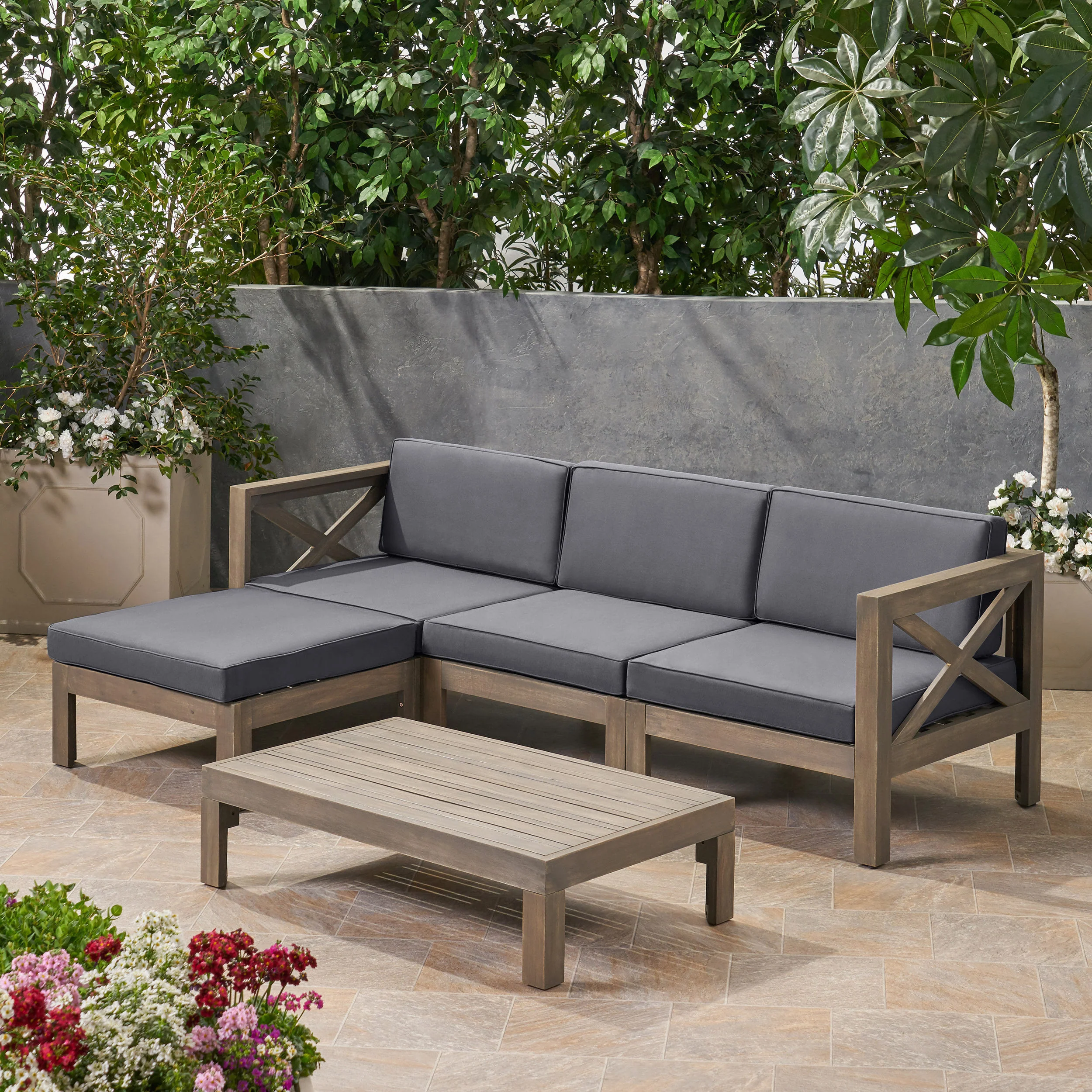 Mamie Outdoor Acacia Wood 5 Piece Sofa Set - furnishings