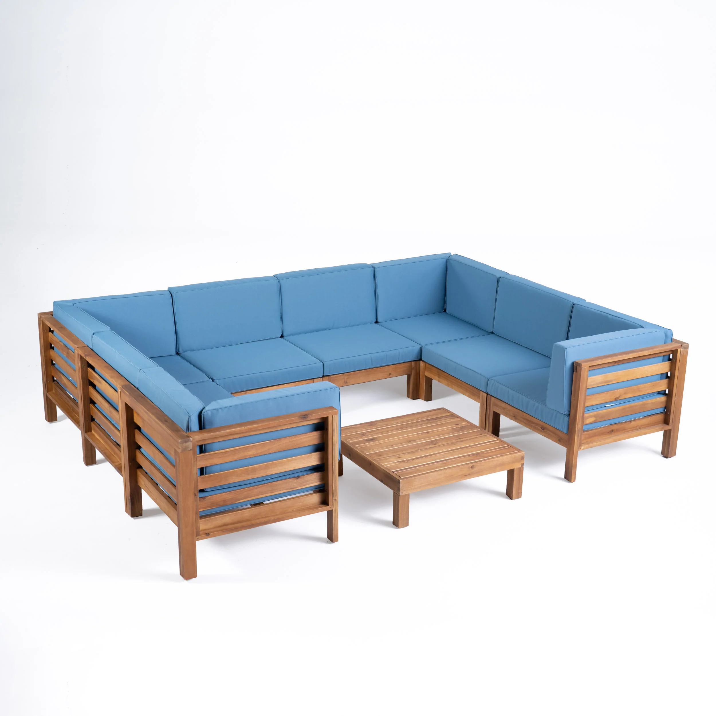 Dawson Outdoor U-Shaped Sectional Sofa Set with Coffee Table - 9-Piece 8-Seater - Acacia Wood - Outdoor Cushions - furnishings