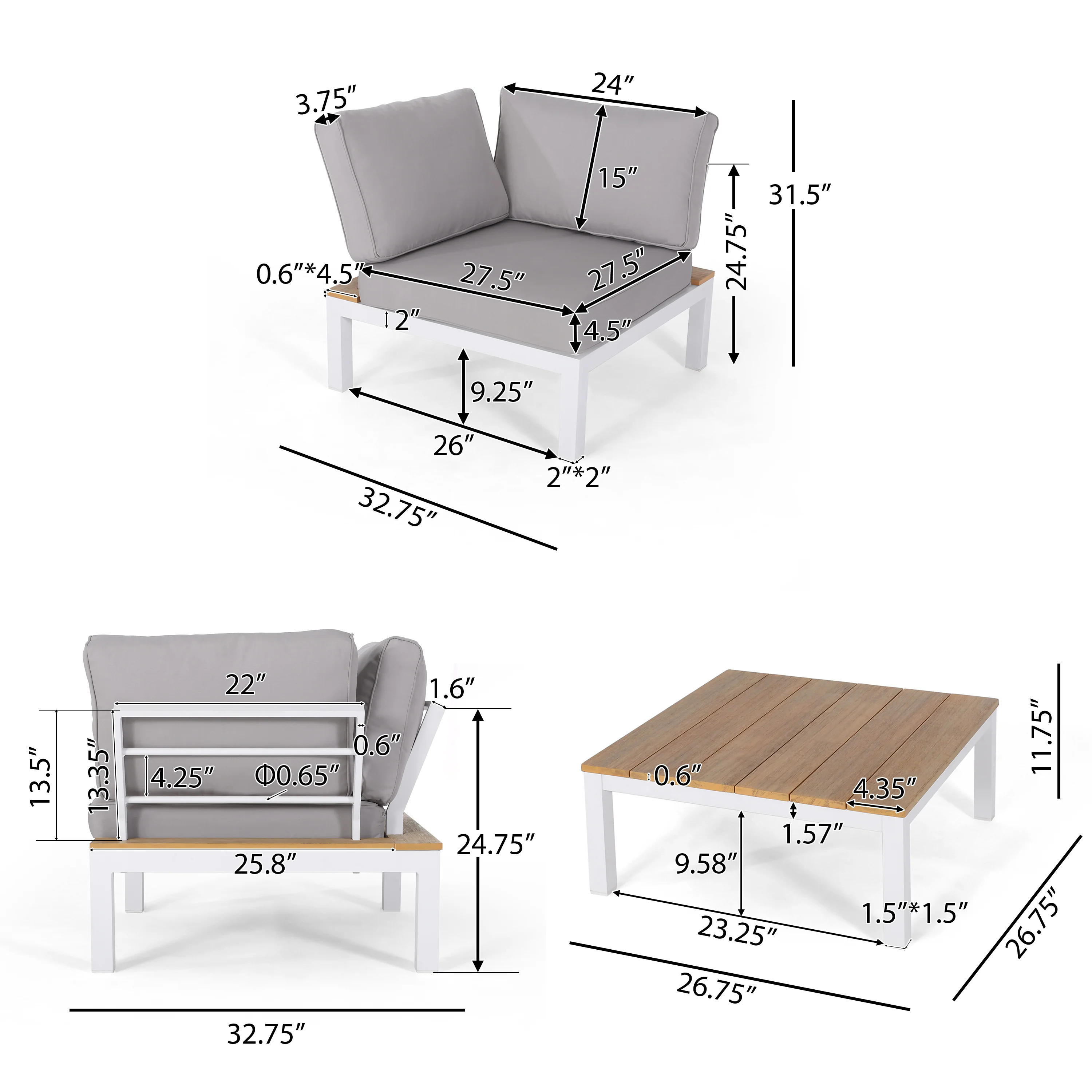 Blessen Outdoor Aluminum and Wood V-Shaped Sofa Set with Cushions - furnishings