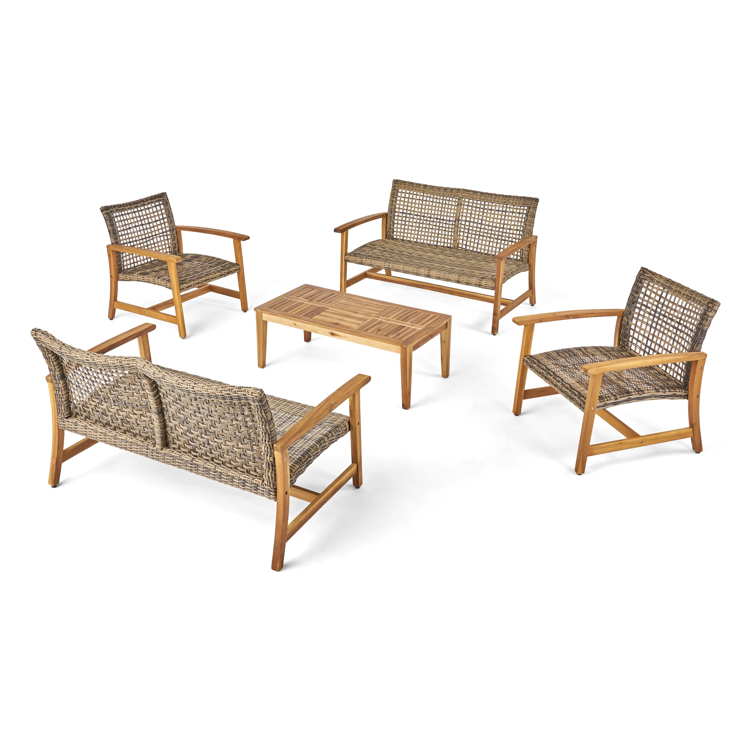 Levant Outdoor 5 Piece Wood and Wicker Loveseat Chat Set - furnishings