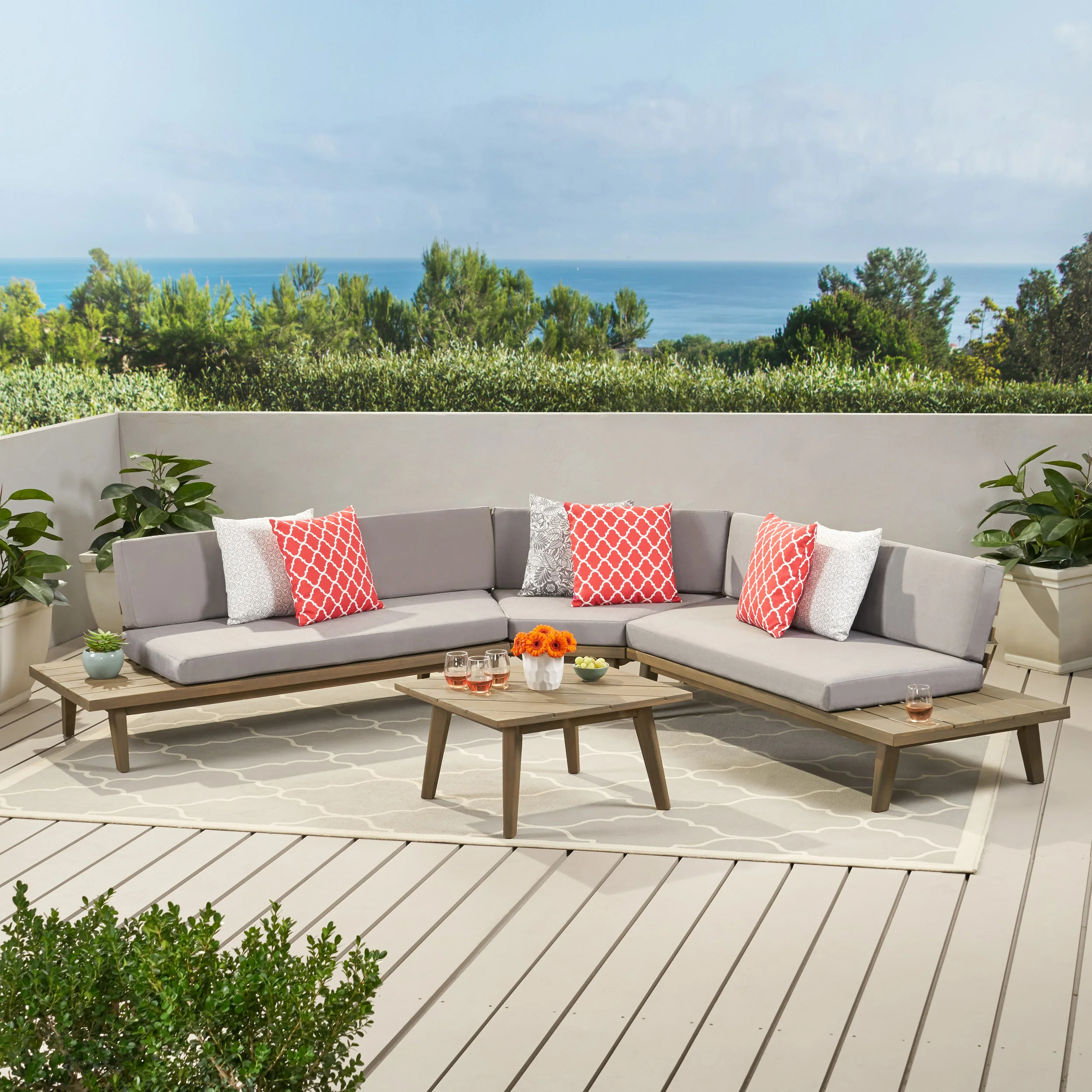 Hillside Mid Century Modern Outdoor Wood Platform Sectional With Built In End Tables & Coffee Table - furnishings
