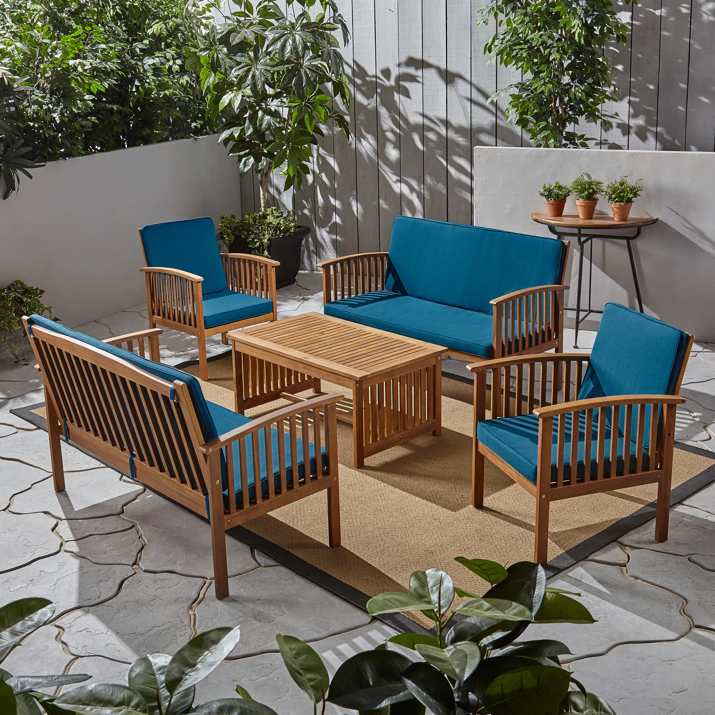 Beckley Outdoor Acacia Wood 6 Seater Conversation Set with Coffee Table - furnishings