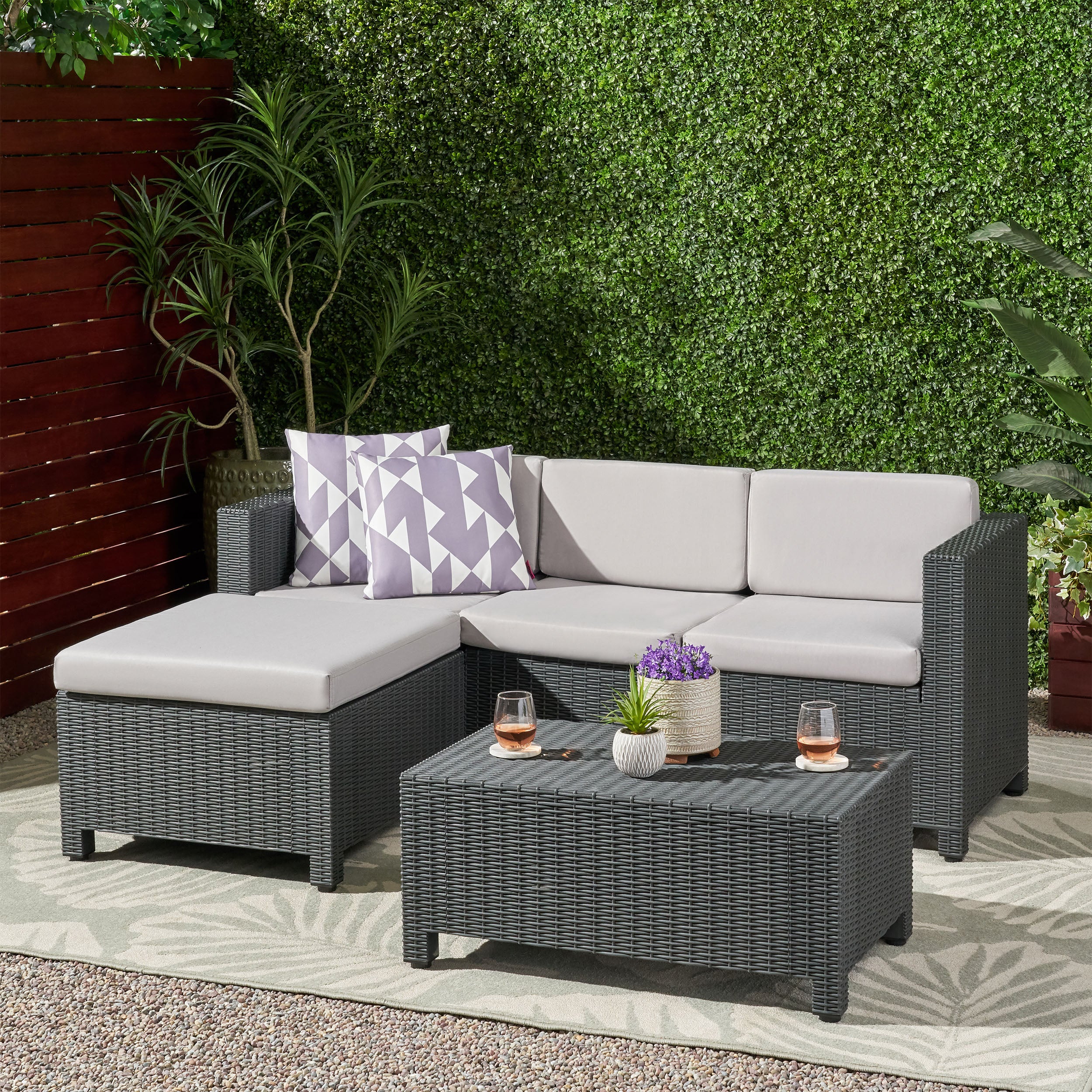 Riley Outdoor Faux Wicker Print 3 Seater Sectional Set with Ottoman - furnishings