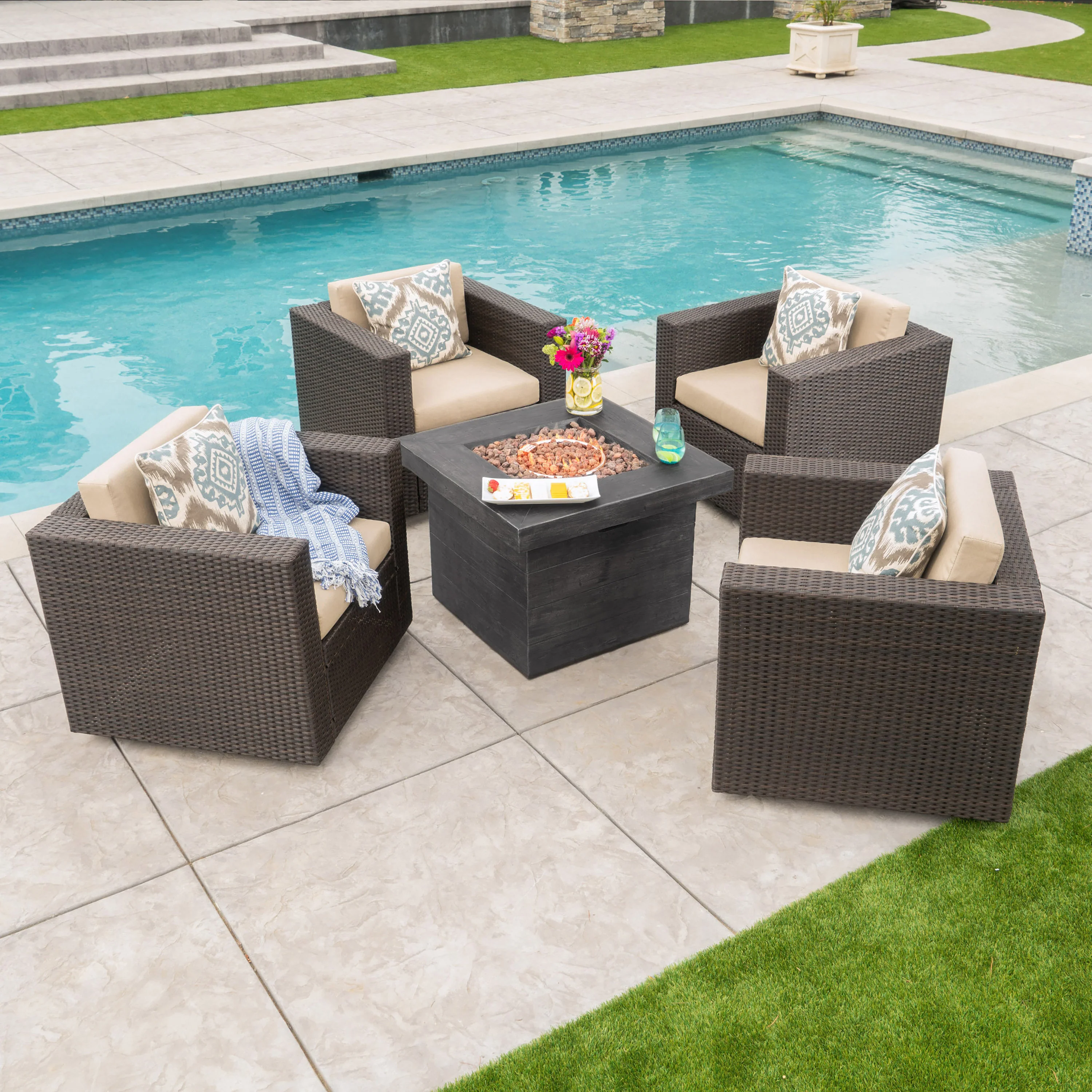 Venice Outdoor 5 Piece Chat Set with Dark Brown Chairs with Fire Pit - furnishings