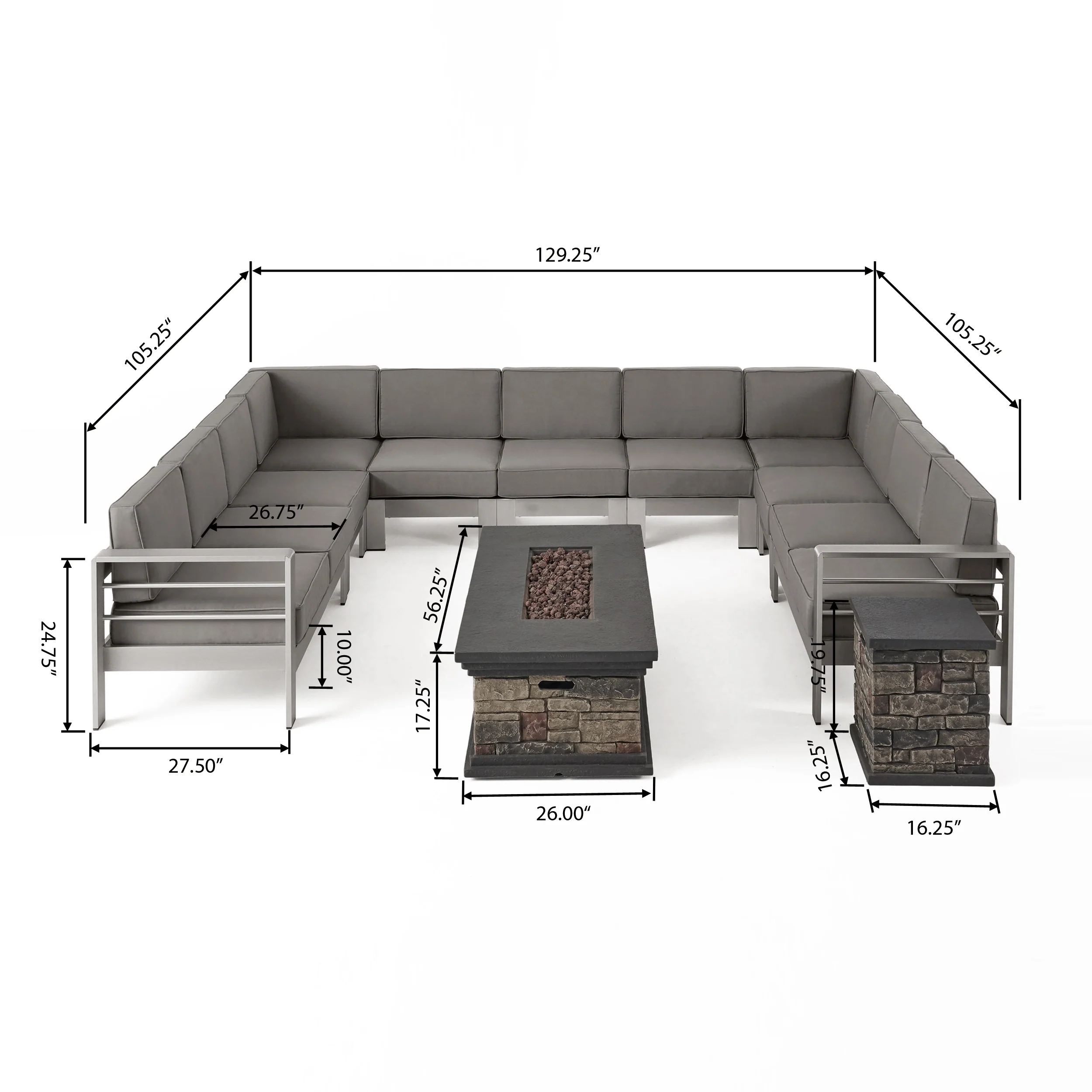 Pag Outdoor 11 Seater Aluminum U-Shaped Sofa Sectional and Fire Pit Set - furnishings