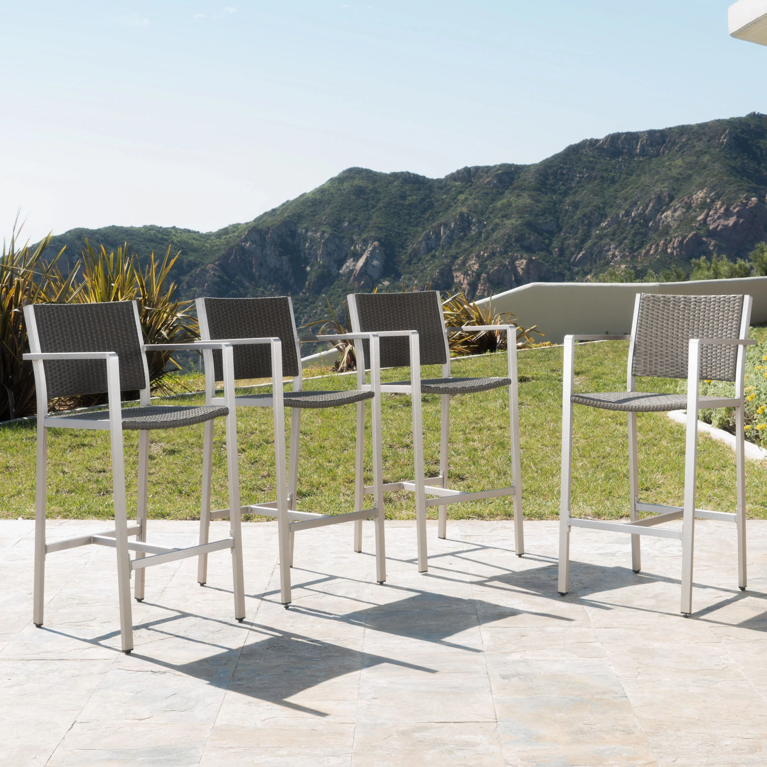 Capral Outdoor Modern Gray Wicker Barstools with Aluminum Frame (Set of 4) - furnishings