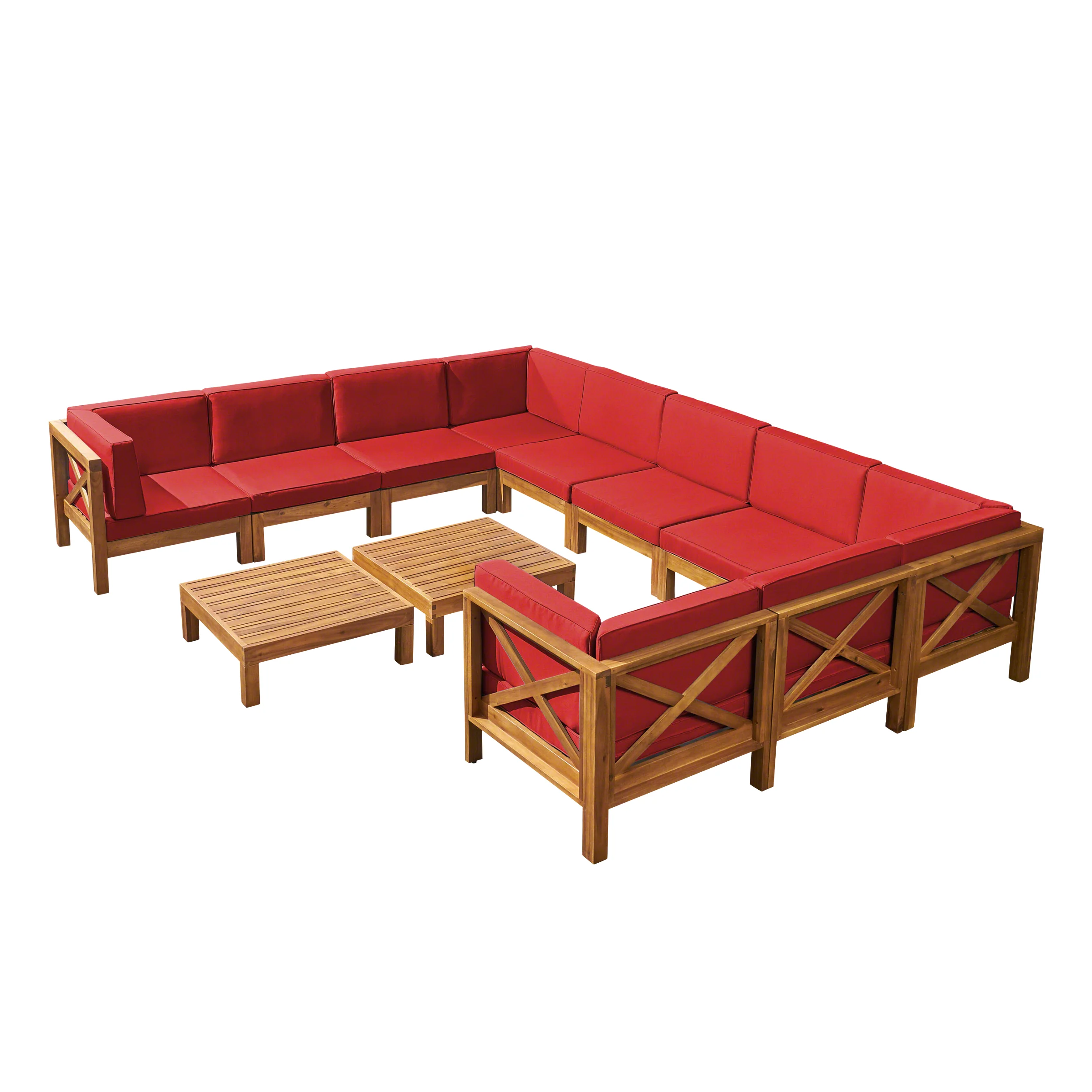 Keith Outdoor Acacia Wood 10 Seater U-Shaped Sectional Sofa Set with Two Coffee Tables - furnishings