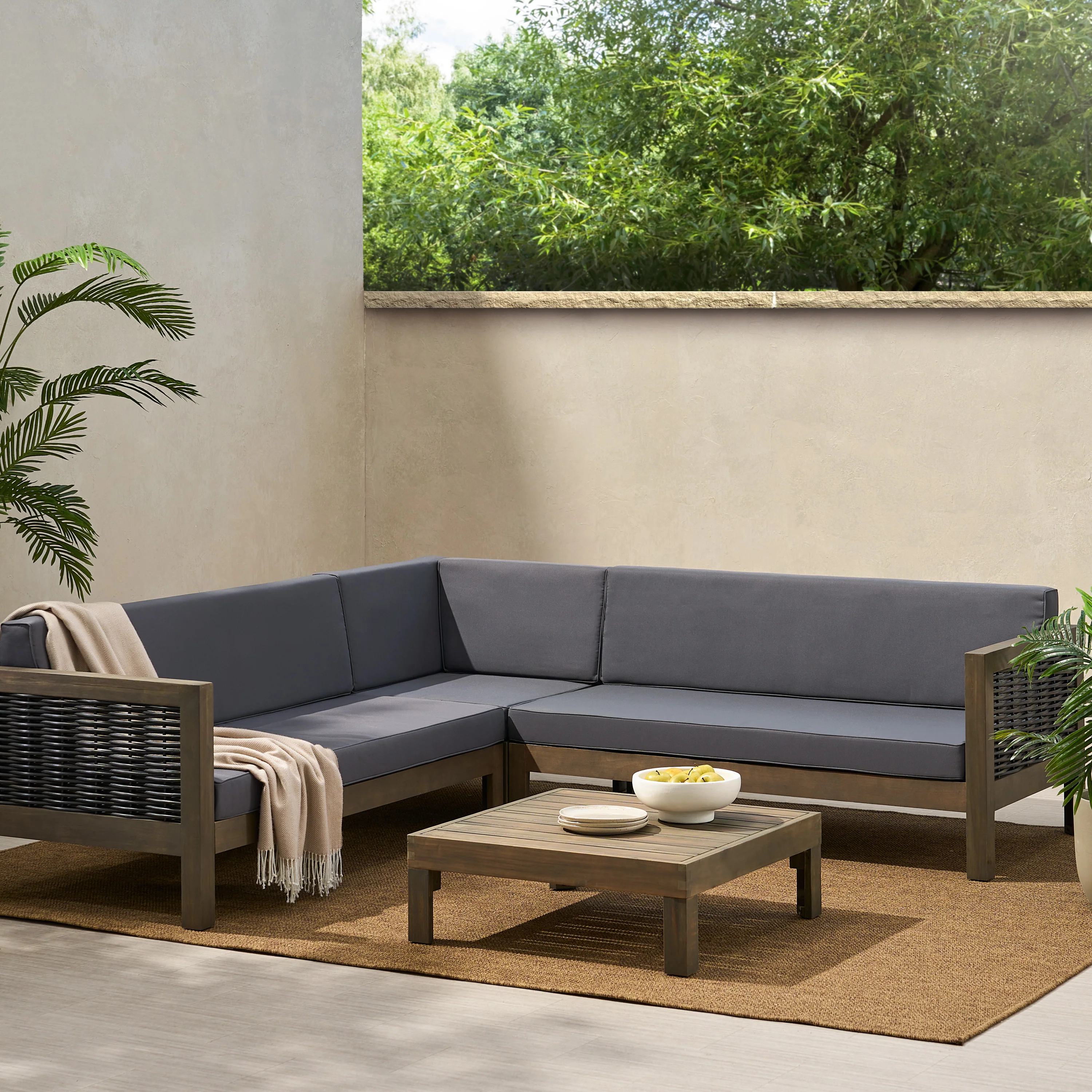 Elizabeth Outdoor Wood and Wicker 5 Seater Sectional Sofa and Coffee Table Set - furnishings