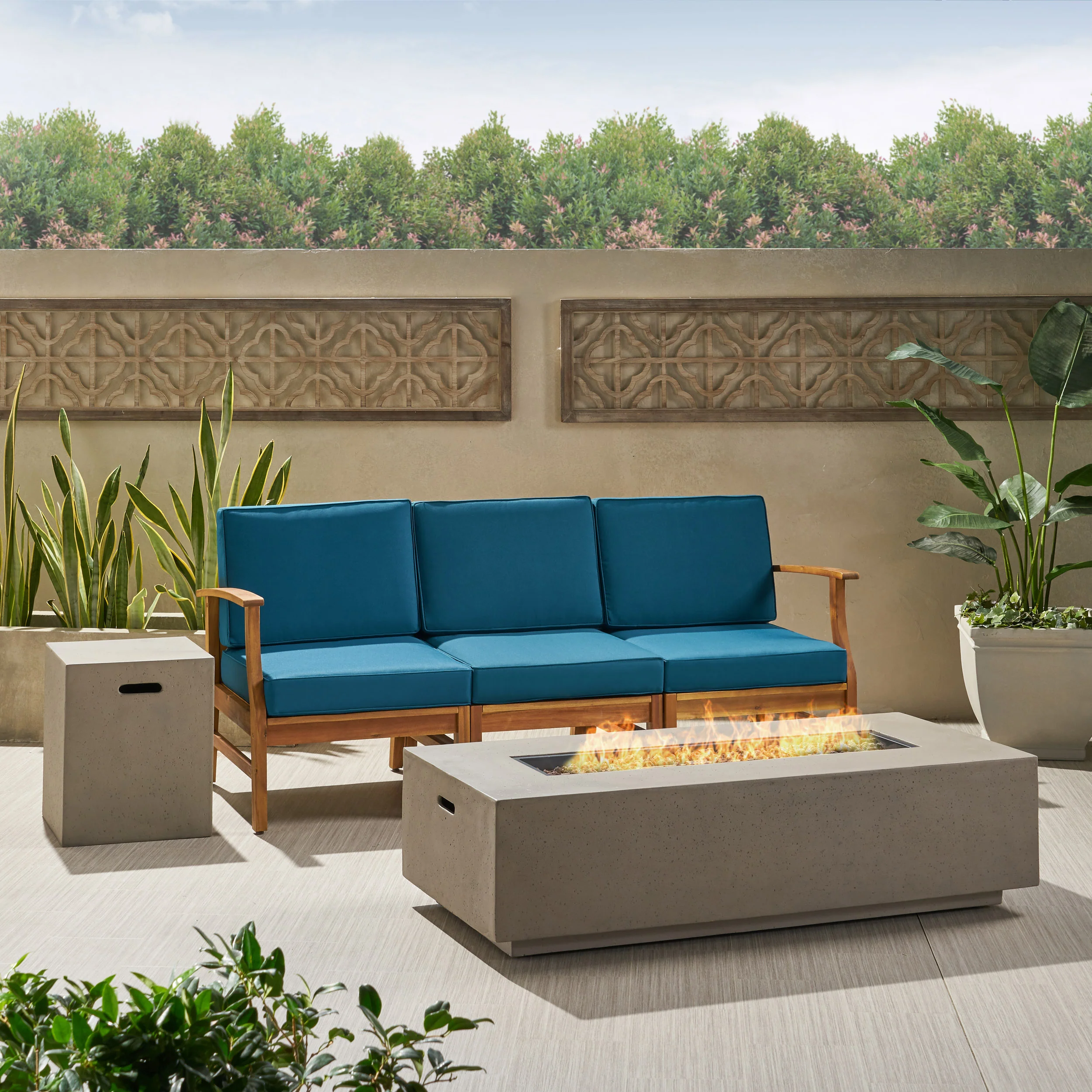 Capri Outdoor 3 Seater Wood Fire Pit Sofa Set - furnishings