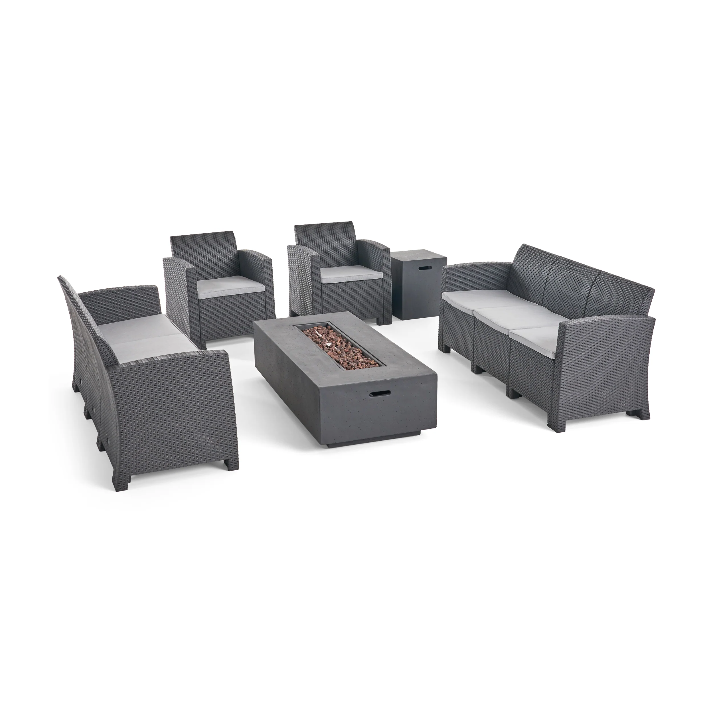 Morena Outdoor 8-Seater Wicker Print Chat Set with Fire Pit and Tank Holder - furnishings