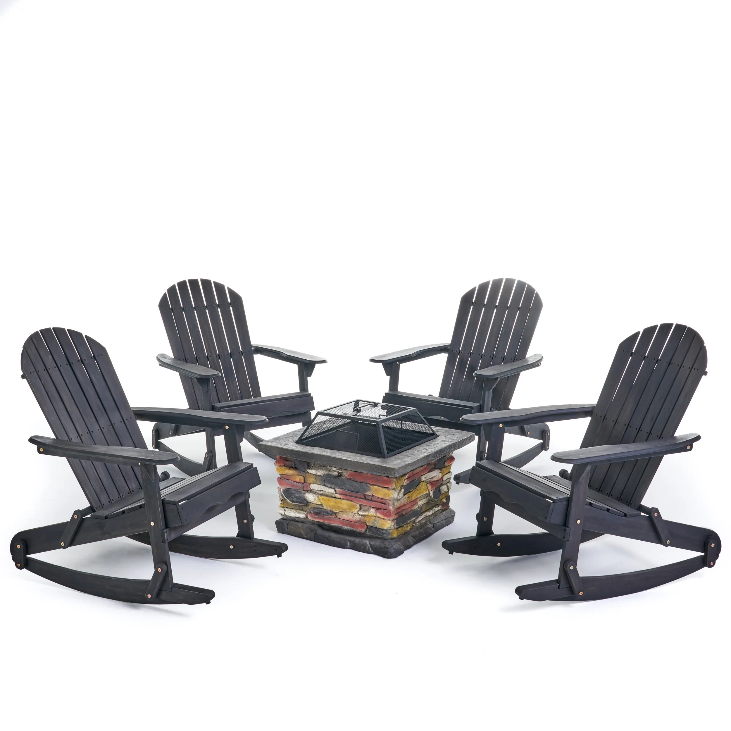 Benson Outdoor 5 Piece Acacia Wood/ Light Weight Concrete Adirondack Chair Set with Fire Pit - furnishings