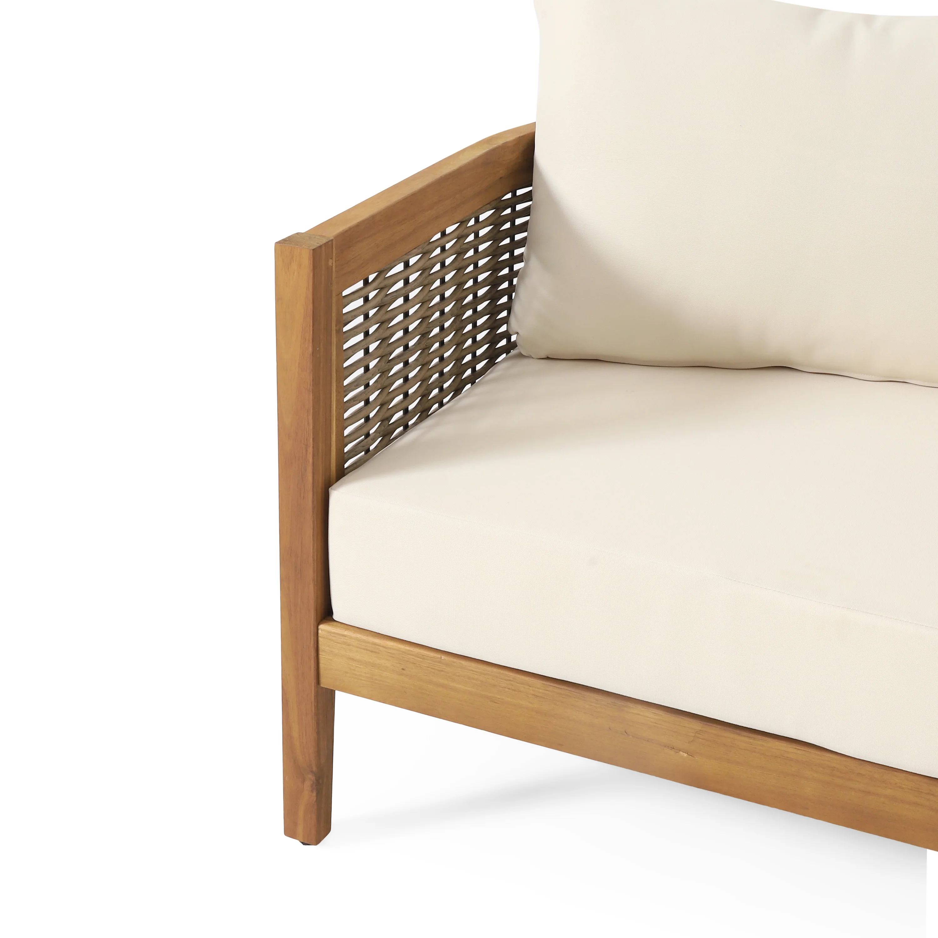 The Crowne Collection Outdoor Acacia Wood and Round Wicker 3 Seater Sofa with Cushions, Teak, Mixed Brown, and Beige - furnishings
