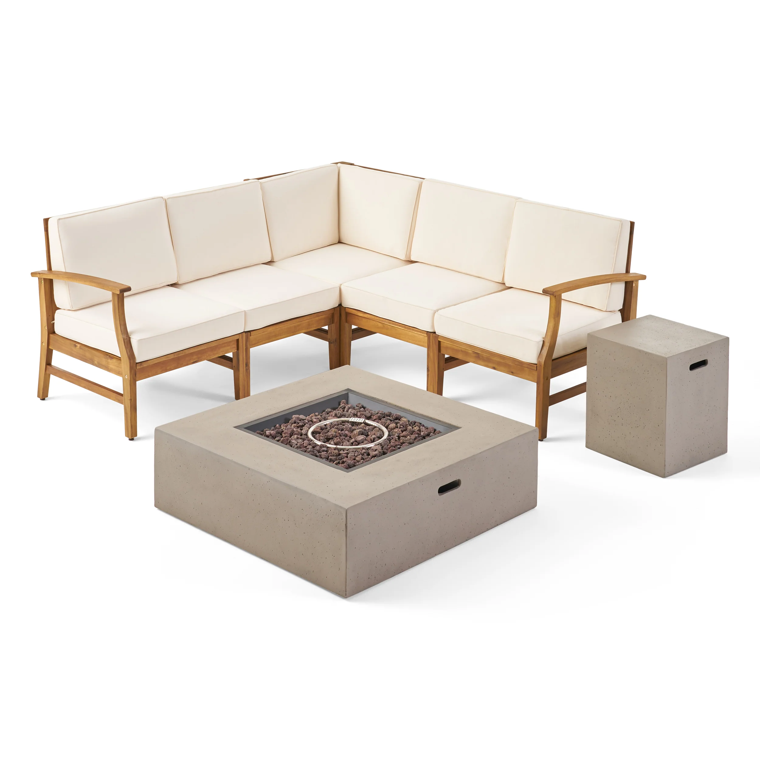 Nyeemah Outdoor 5 Seater V-Shaped Acacia Wood Sofa Set with Square Fire Table and Tank - furnishings